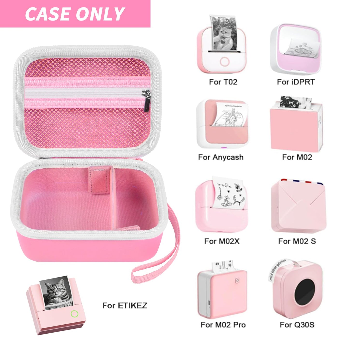 Sticker Printer Case for Anycash/for ETIKEZ PM290C/ for Nelko PM230/ for Memoking T02/ for Phomemo M02/ T02/ Q30S Mini Photo Printer. Holder for Label Maker, Thermal Paper, USB Cable (Box Only)-Pink