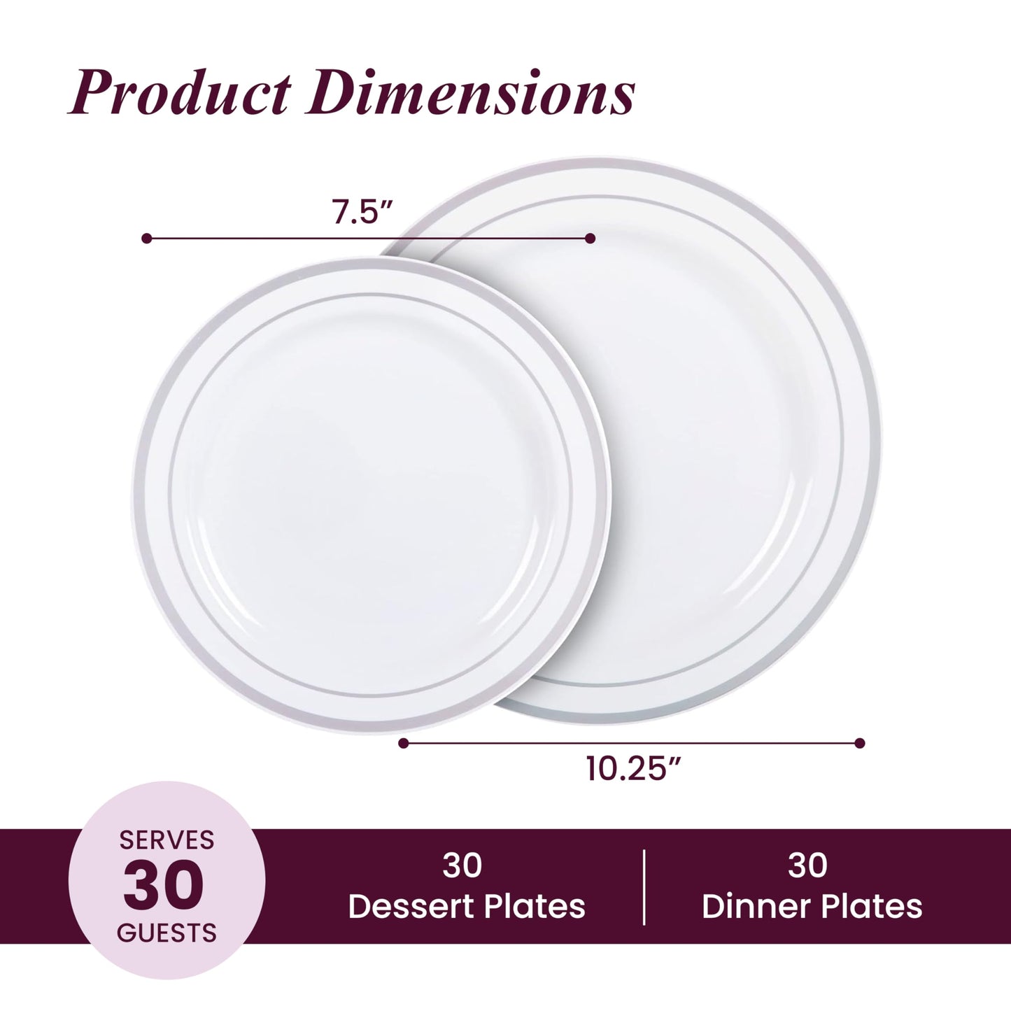 Aya's 60 Silver Rimmed Plastic Plates for Party, Heavy Duty Disposable Plate Set of 30 Dinner and 30 Dessert Plates for Weddings and Special Events, Fancy Disposable Tableware