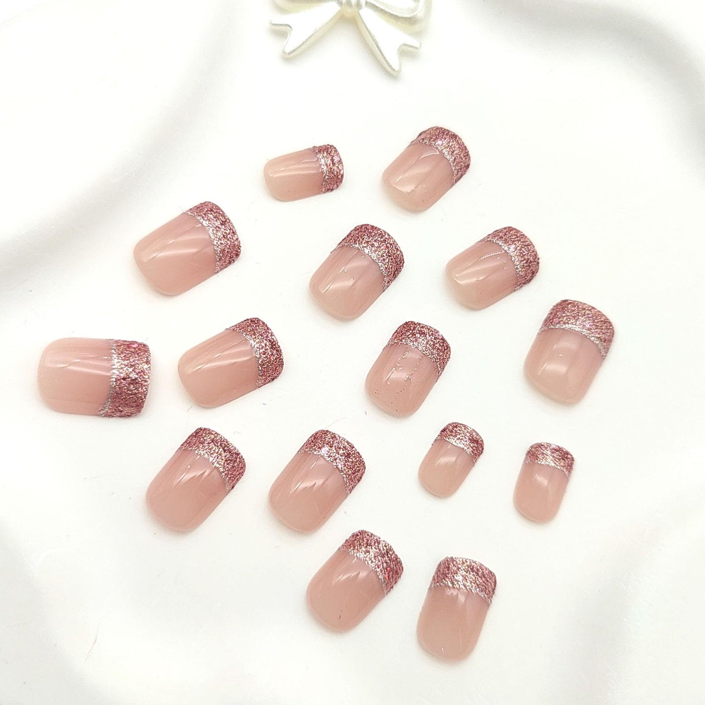 French Tip Press on Nails Short Square Fake Nails with Glitter Designs Nails Press ons Nude Glue on Nails Glossy Acrylic Nails Simple False Nails Cute Stick on Nails for Women 24Pcs