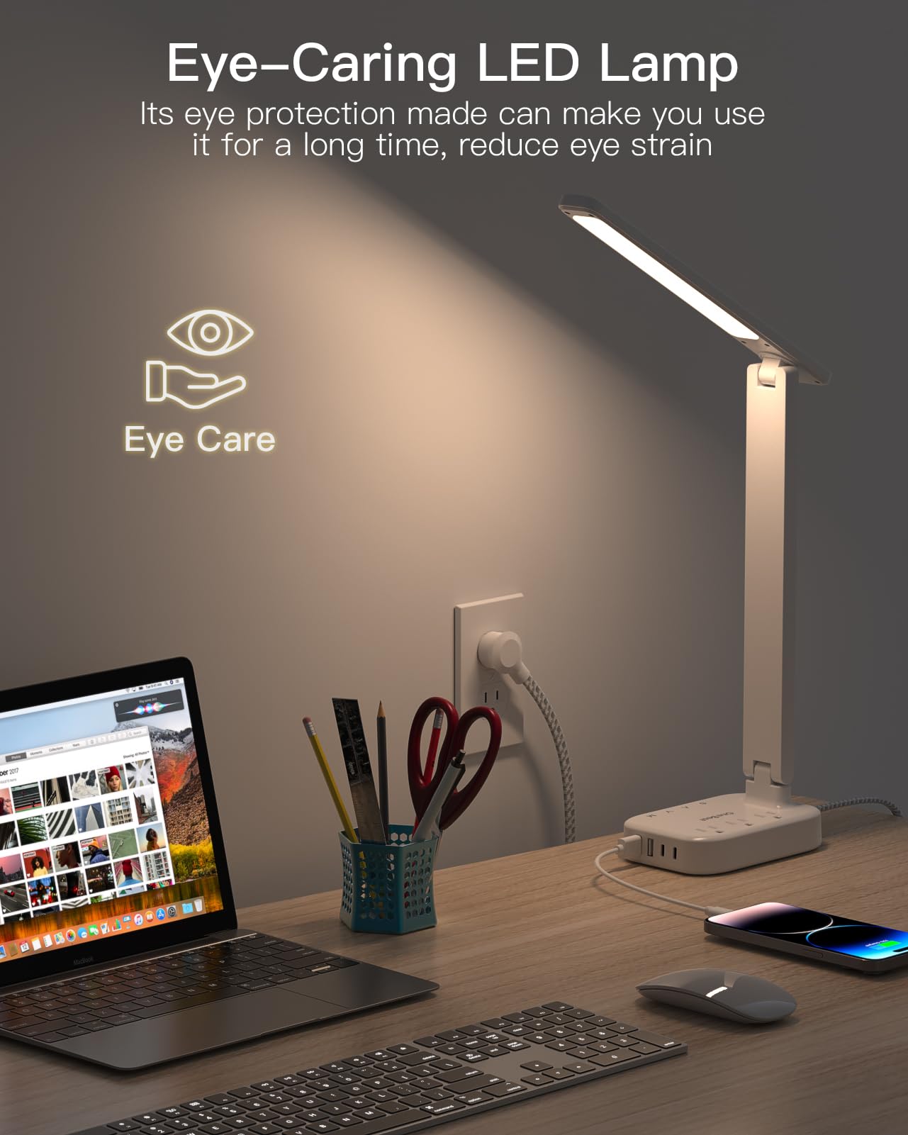 One Beat Small LED Desk Lamp Power Strip 5ft Extension Cord with 3 Outlets 4 USB Ports(2 USB C), 4 Modes, 5 Level Touch Lamp Study Reading Light, Home Office Bedroom College Dorm Room Essentials,White