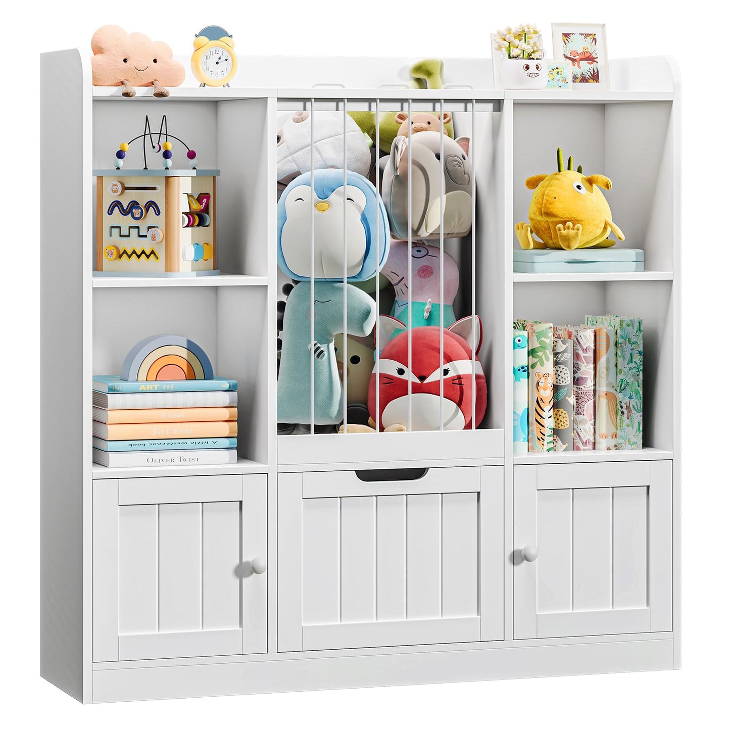 Vabches Toy Storage Organizer, Toddler Stuffed Animal Zoo with Drawer and Doors, Multi-Functional Kids Bookshelf Floor Storage Chest with 4 Storage Cubbies for Playroom, Kids Room, White