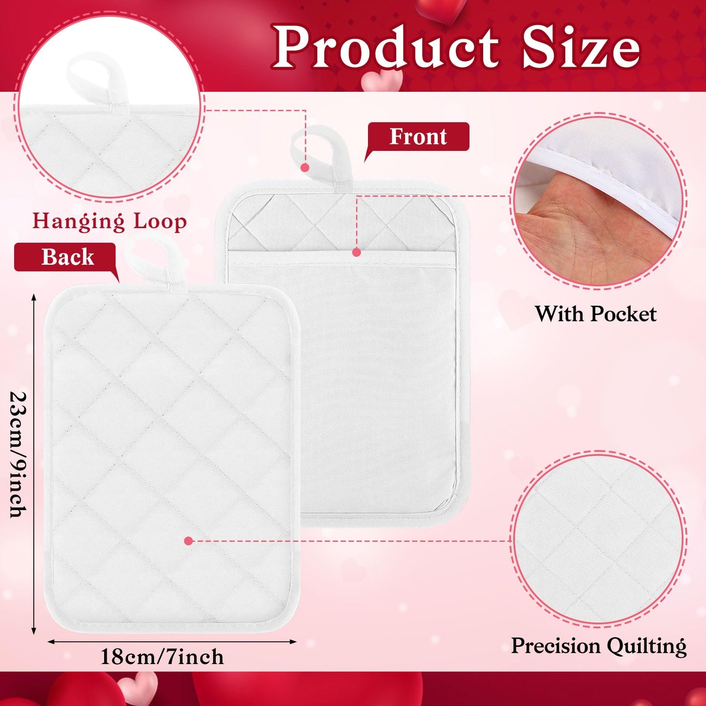Hoolerry 10 Pieces Pot Holders with Pocket Sublimation 7x9'' Cotton Oven Pot Holders Bulk with Hanging Loops Pads for Kitchen Cook Baking (White)