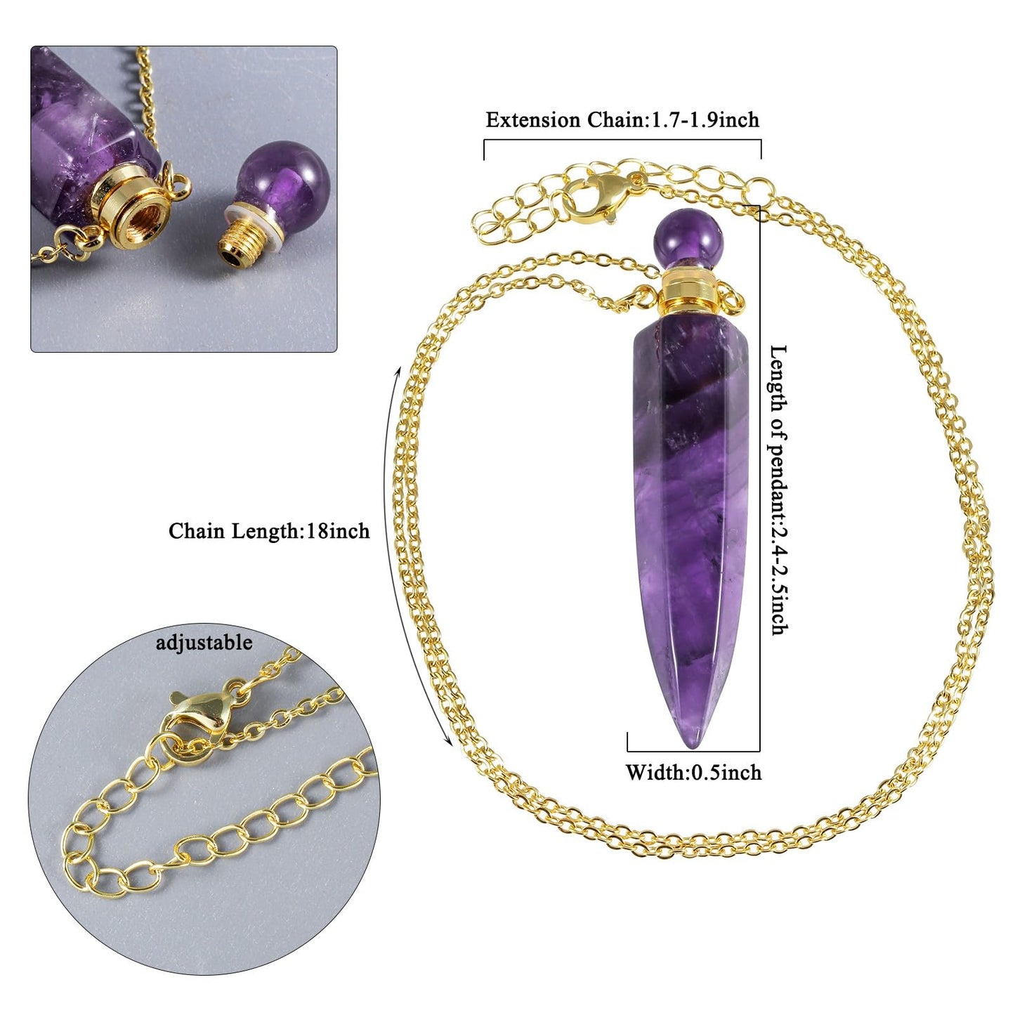 SUNYIK Crystal Essential Oil Diffuser Pendant Necklace for Women Men Polished Stone Point Perfume Bottle Pendant with Chain 18", Amethyst