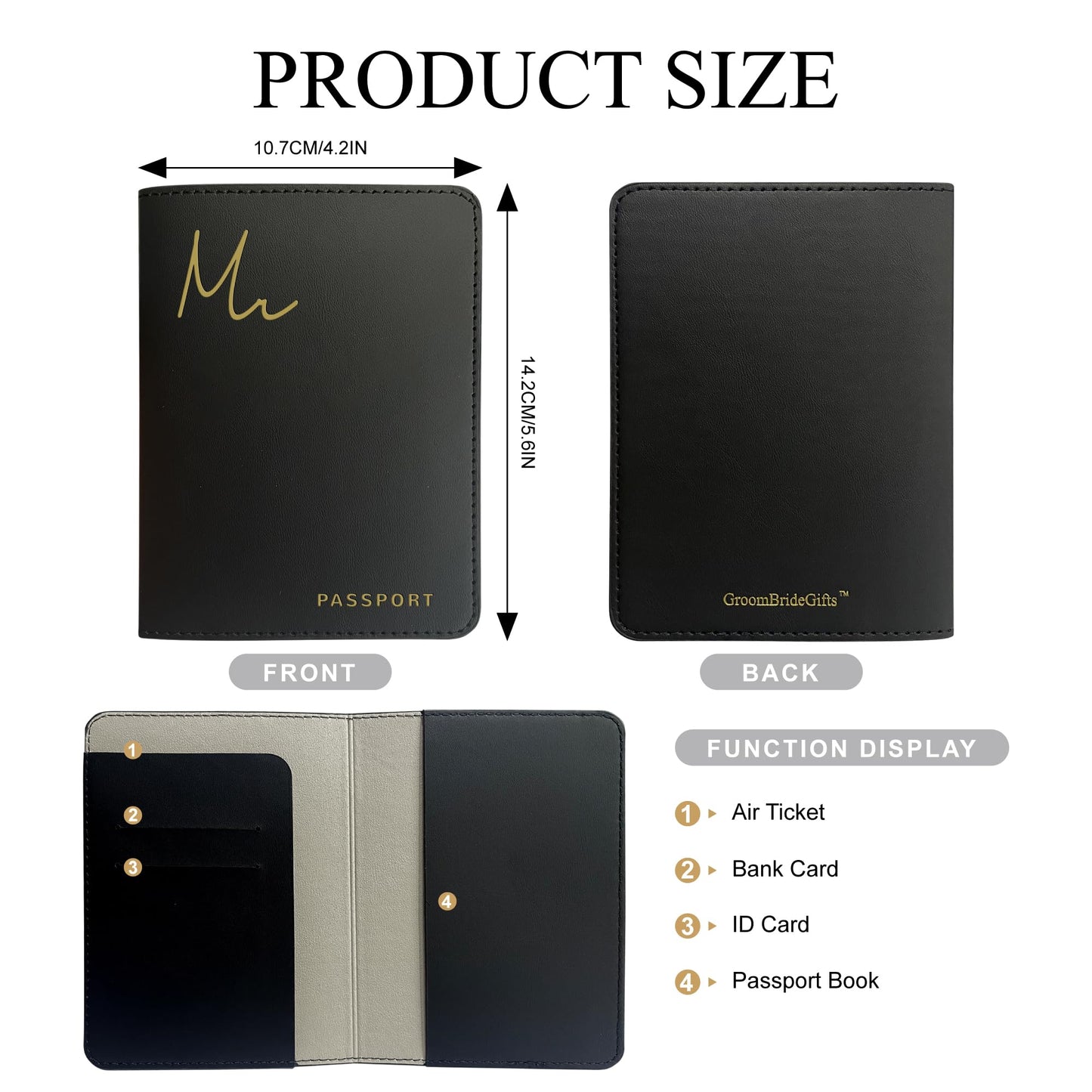 Mr&Mrs Gifts Matching Passport Holders for Mr and Mrs, Gold Foil Logo, Dual PU Leather with Card Pockets, Honeymoon Travel Essentials Gift for Newlyweds(MM Black White)