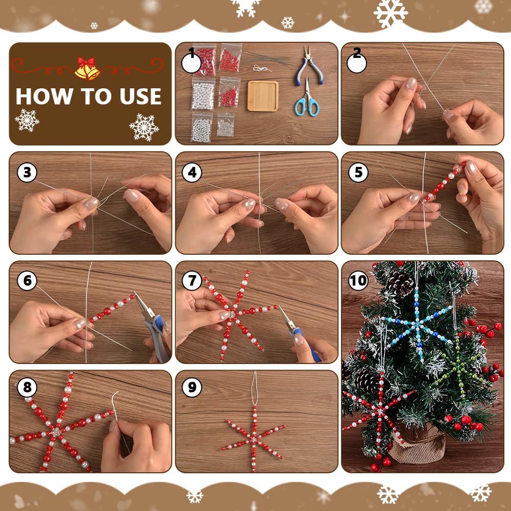 PH PandaHall Christmas Snowflake Wires Bead Kit, Snowflake Beads Ornament Set Metal Snowflake Wire with Pearl Acrylic Beads for Holiday Crafts Christmas Tree Wreaths DIY Craft Decoration