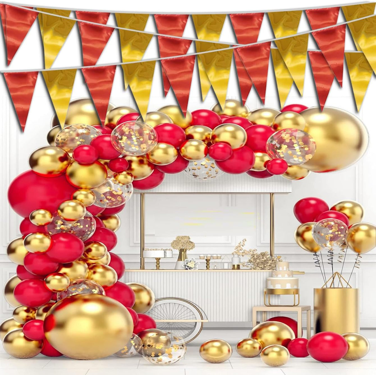 40M/130FT Red Gold Triangle Pennant Banner Flag Metallic Fabric Bunting Garland for Christmas Graduation Anniversary Birthday Engagement Wedding Anniversary Casino Party Decorations Supplies