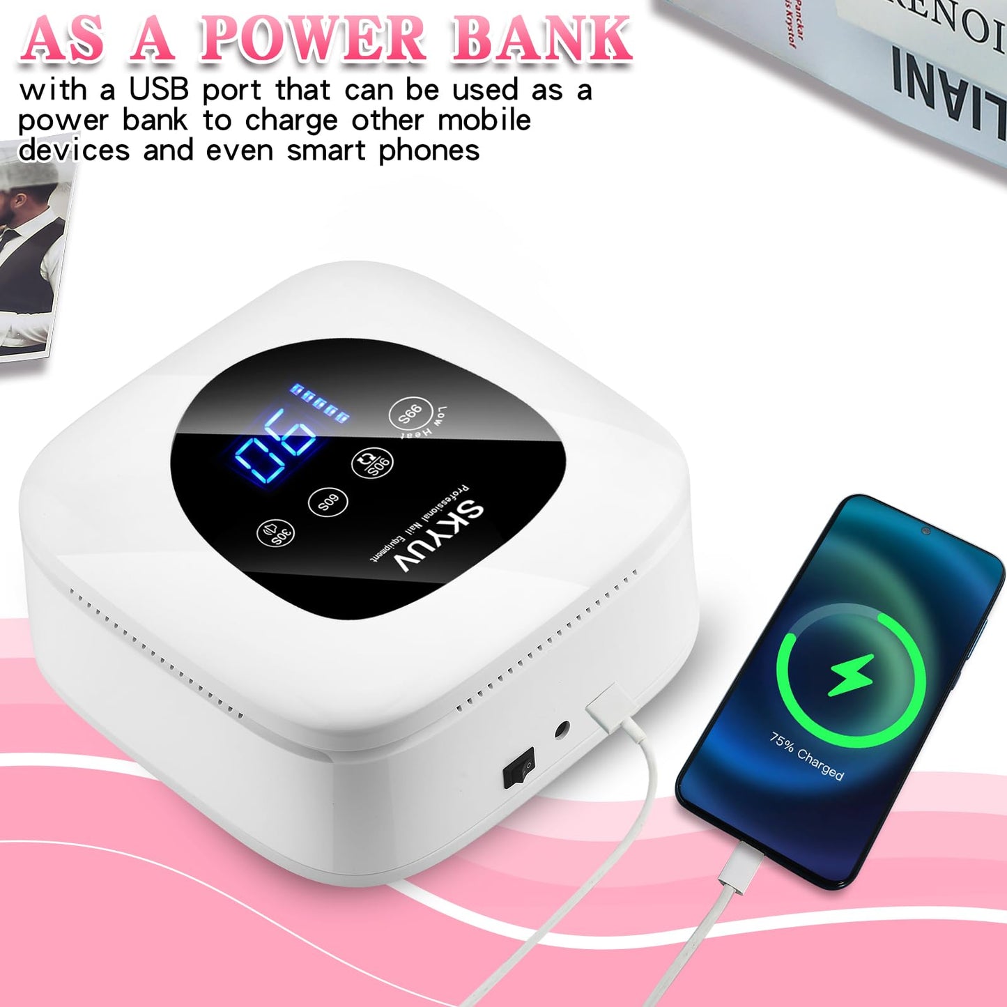 Rechargeable UV LED Nail Lamp, SKYUV Cordless Nail Dryer for Gel Polish, UV Nail Lamp with 4 Timers Setting and LED Touch Screen, Professional Curing Lamp Light with 30 Beads for Salon and Home ﻿