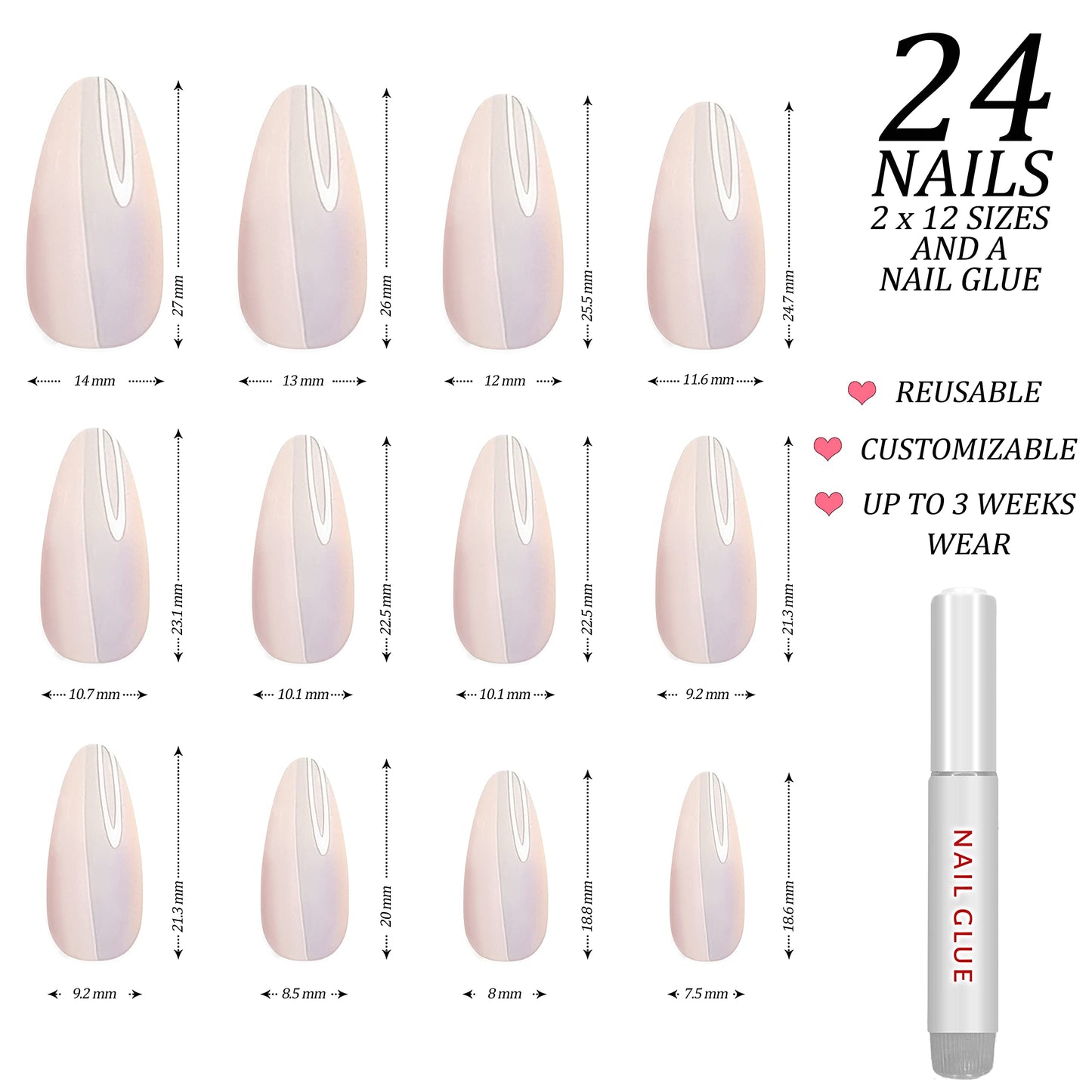 Hypnaughty Press On Nails - Caviar & Light Peach Almond Chrome, Trendy & Salon Quality Reusable Nails With Kit