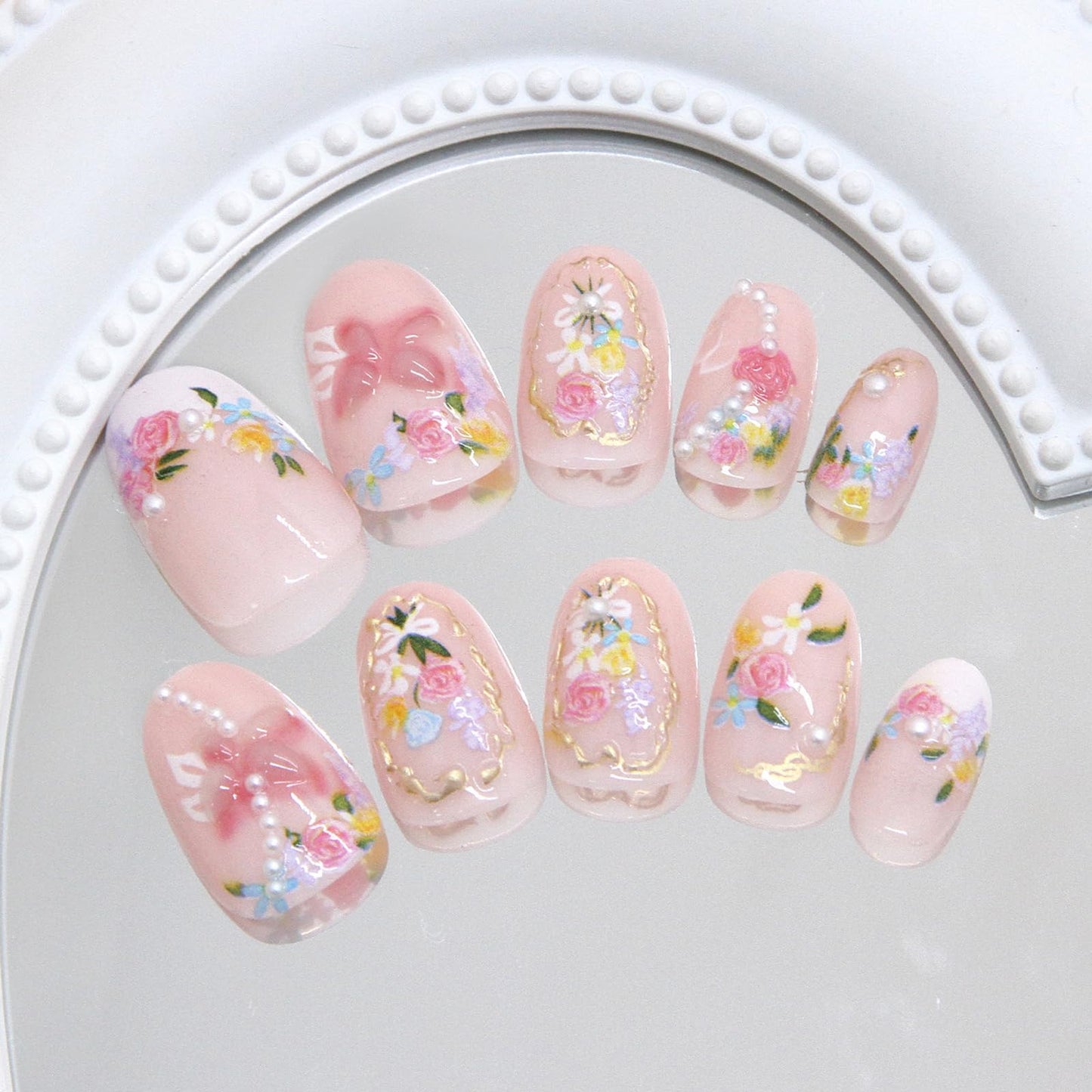 IMRAIN Press on Nails - Pearl & Flower | Short Oval Fake Nails | Full Cover Glossy French Tips Glue on Nails 24Pcs