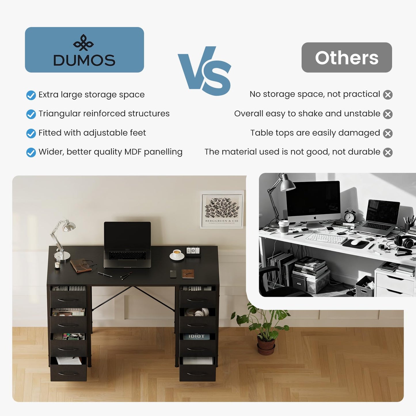 DUMOS 47 Inch Computer Desk with 8 Fabric Drawers, Office Gaming Desk with Storage, Writing Study Table with X-Shaped Reinforced Structure, Black