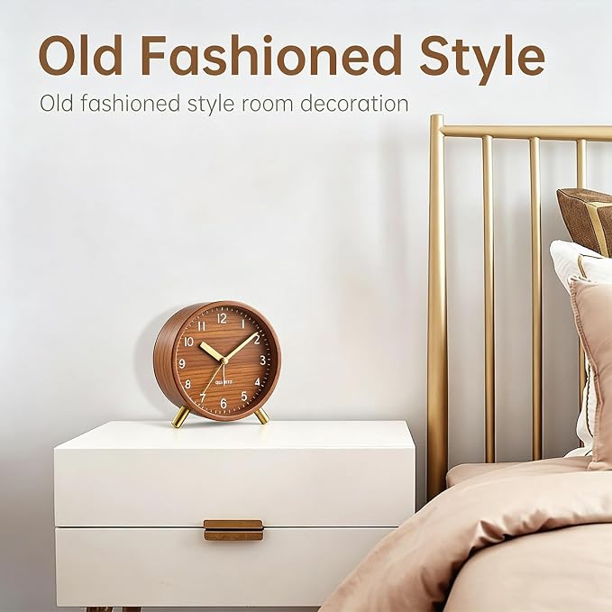 Analog Alarm Clock, Silent Non-Ticking with Night Light, Retro Fashionable Round Metal Alarm Clock for Office, Battery Operated, Bedroom, Elderly, Adults, Men Gifts Back to School,Wood-like Color