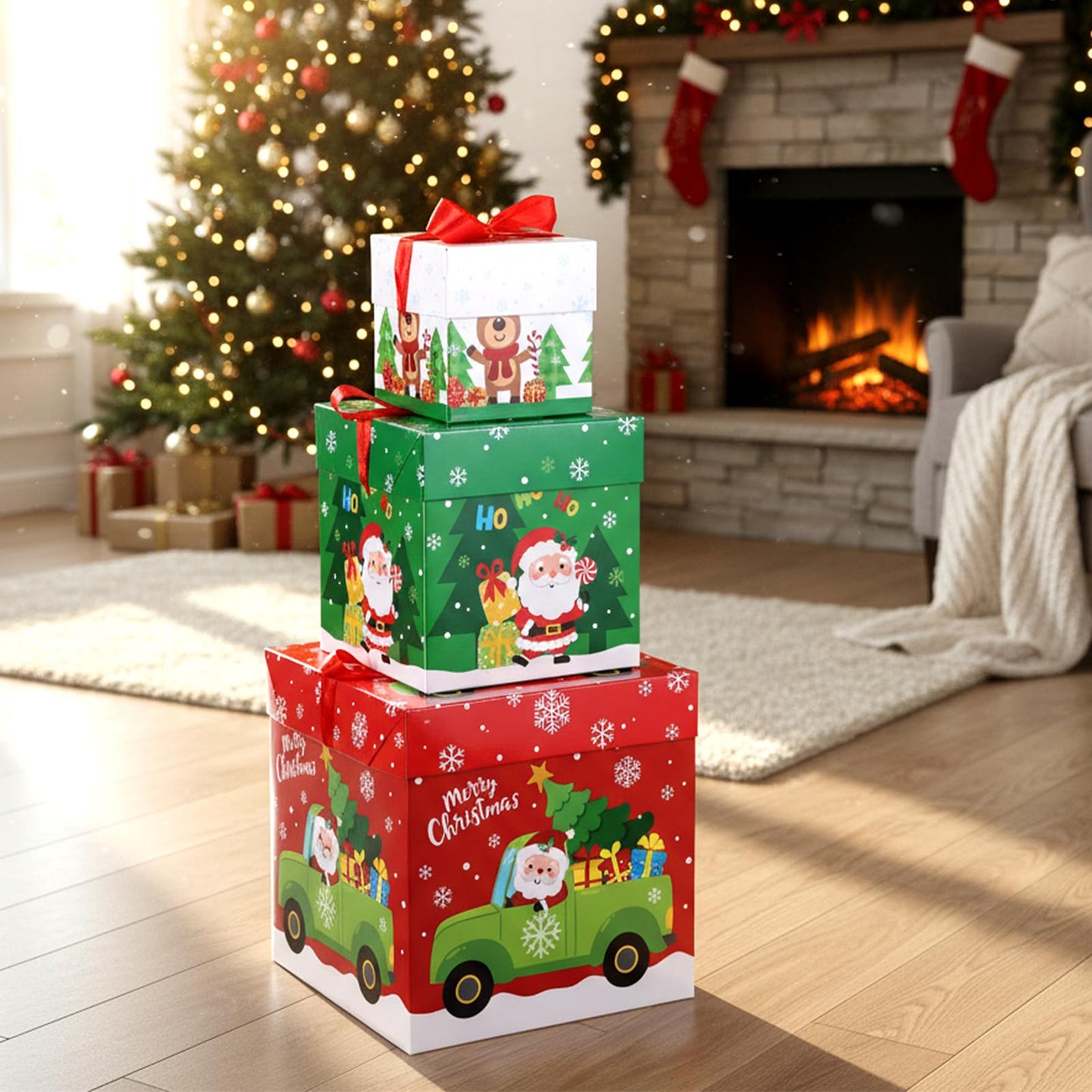 TecUnite 3 Pcs Christmas Stackable Nesting Gift Boxes Decorative Boxes with Lids for Present Wrapping Xmas New Year Holiday Party Xmas Tree Decor (Lively,Red, Green, White)