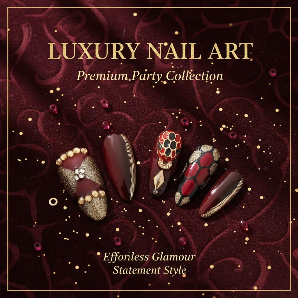 Tesytto Dark Red Press on Nails Luxury Medium Almond, Handmade Fake Nails 3D Design with Snake Charm Rhinestones Glossy Full Cover Thick Acrylic Nails for Valentine's Day(Red Flame,S)