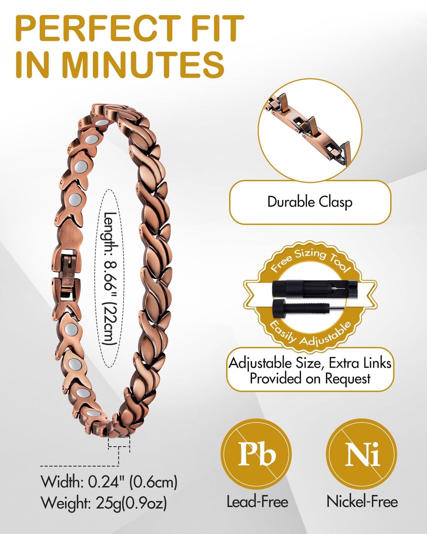 Feraco Copper Bracelet for Women 99.99% Solid Copper Magnetic Bracelets, Unique X Shape Links (Fishtail)