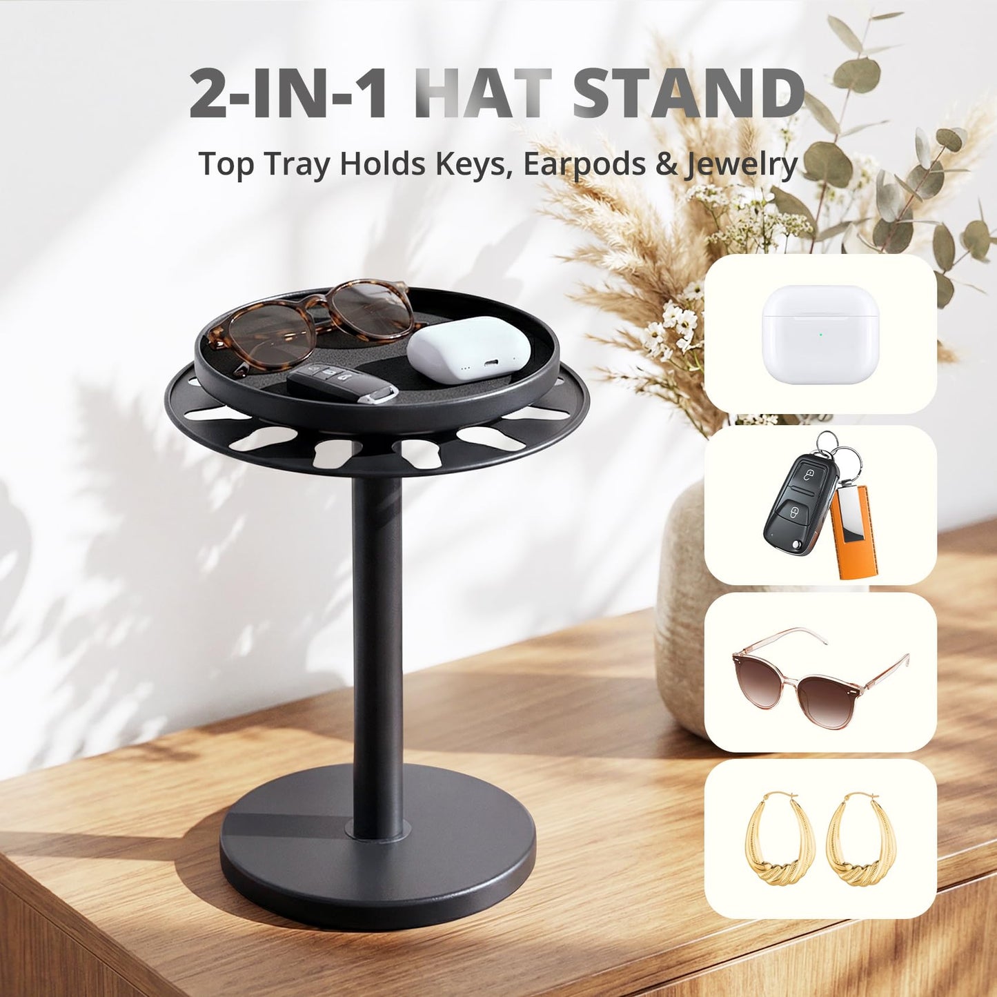 kondyfayo 360° Rotating Hat Organizer for Baseball Caps, Stainless Steel Hat Rack Holder with Top Storage Tray for Small Essentials, Ball Cap Storage Organizer for Closet, Entryway, Display (M-Black)