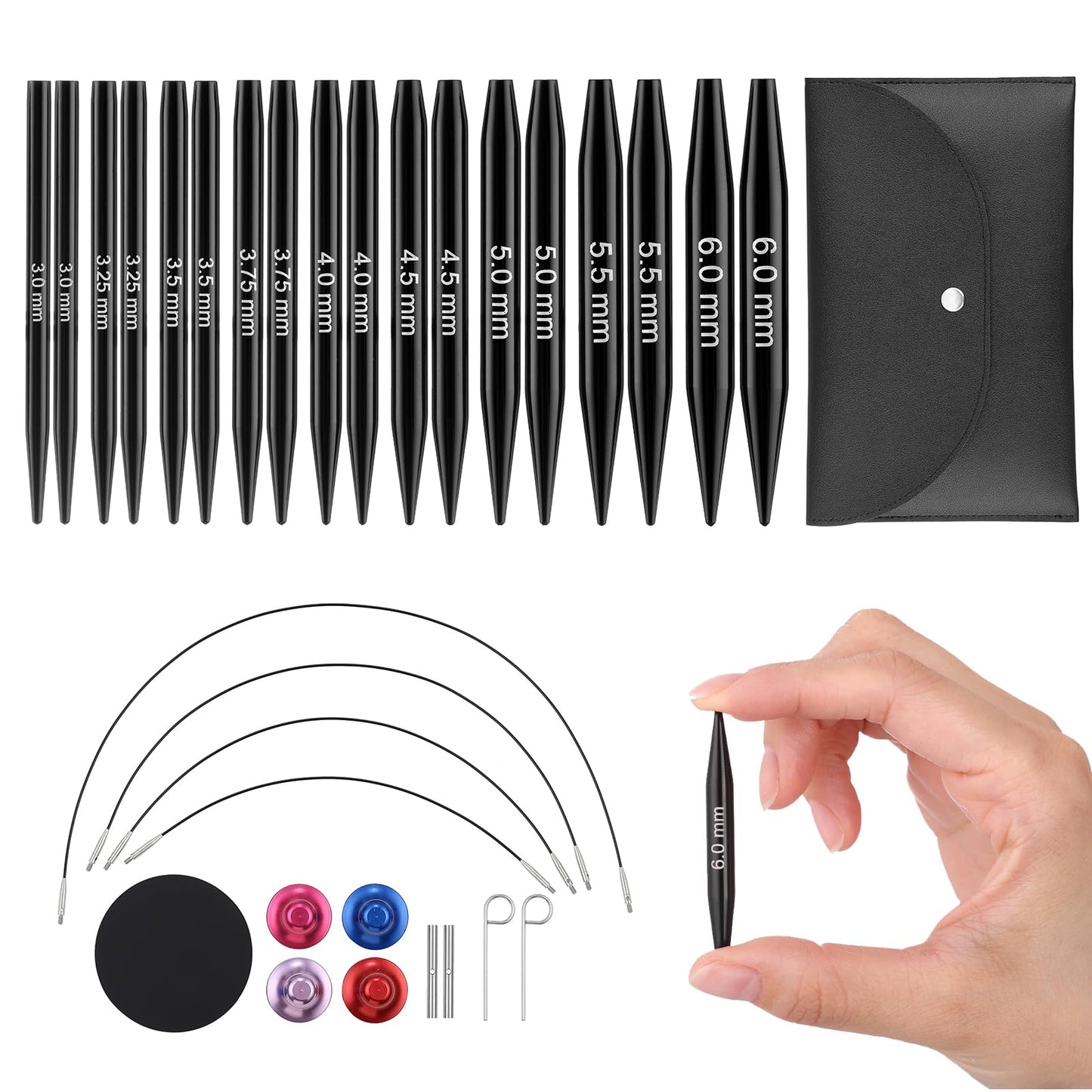 Guclud Interchangeable Circular Knitting Needle Set, 2-Inch Shorties Knitting Needles for Short Sock Knitting, Sizes US 2.5, 3, 4, 5, 6, 7, 8, 9, 10 with Small Cables, Accessories and Case, 9-Pairs