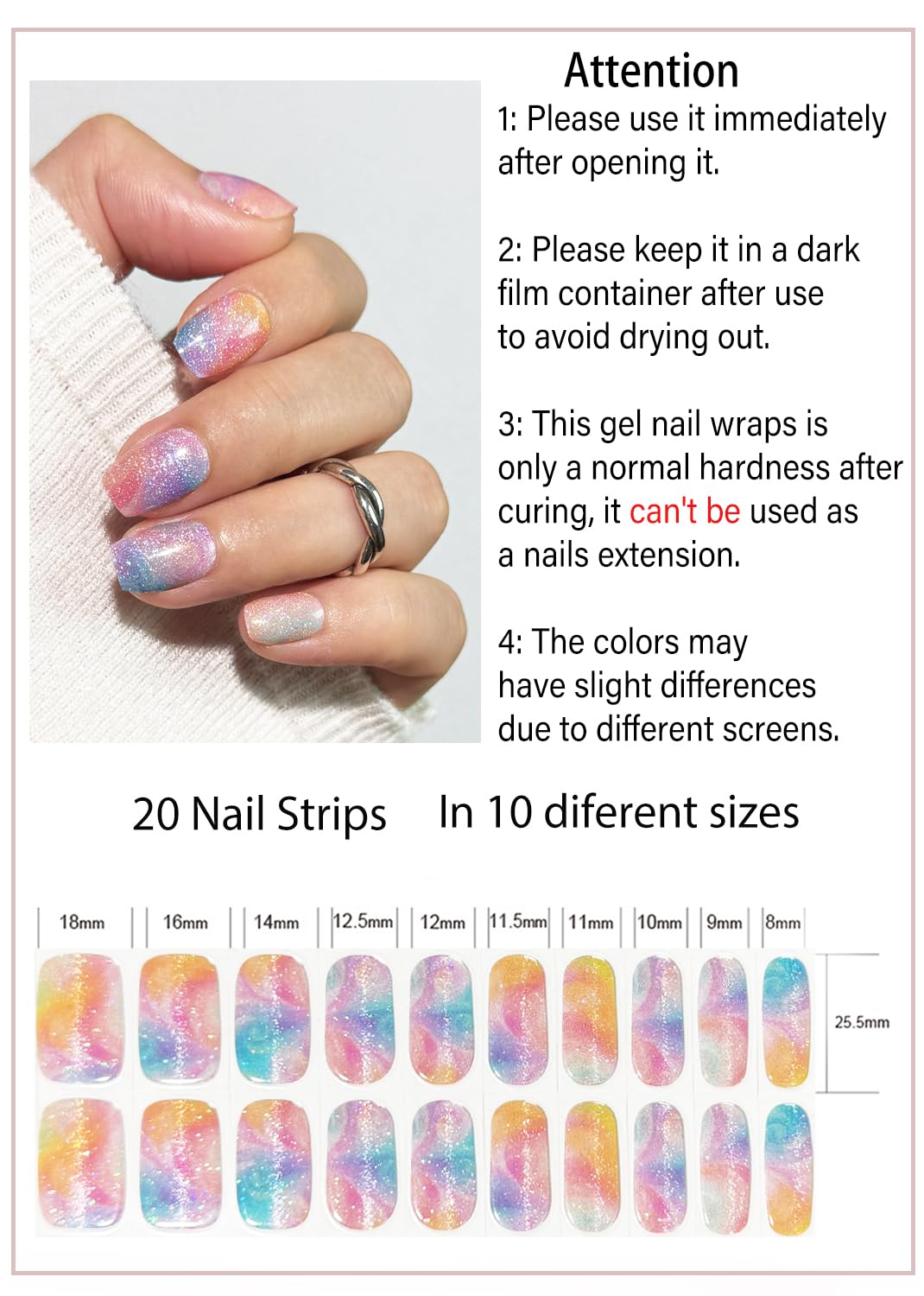 Spring Semi Cured Gel Nail Strips, Spring Rainbow, Colorful Cat Eye 20pcs Adhesive UV Sticker, Wraps for Home Manicure DIY