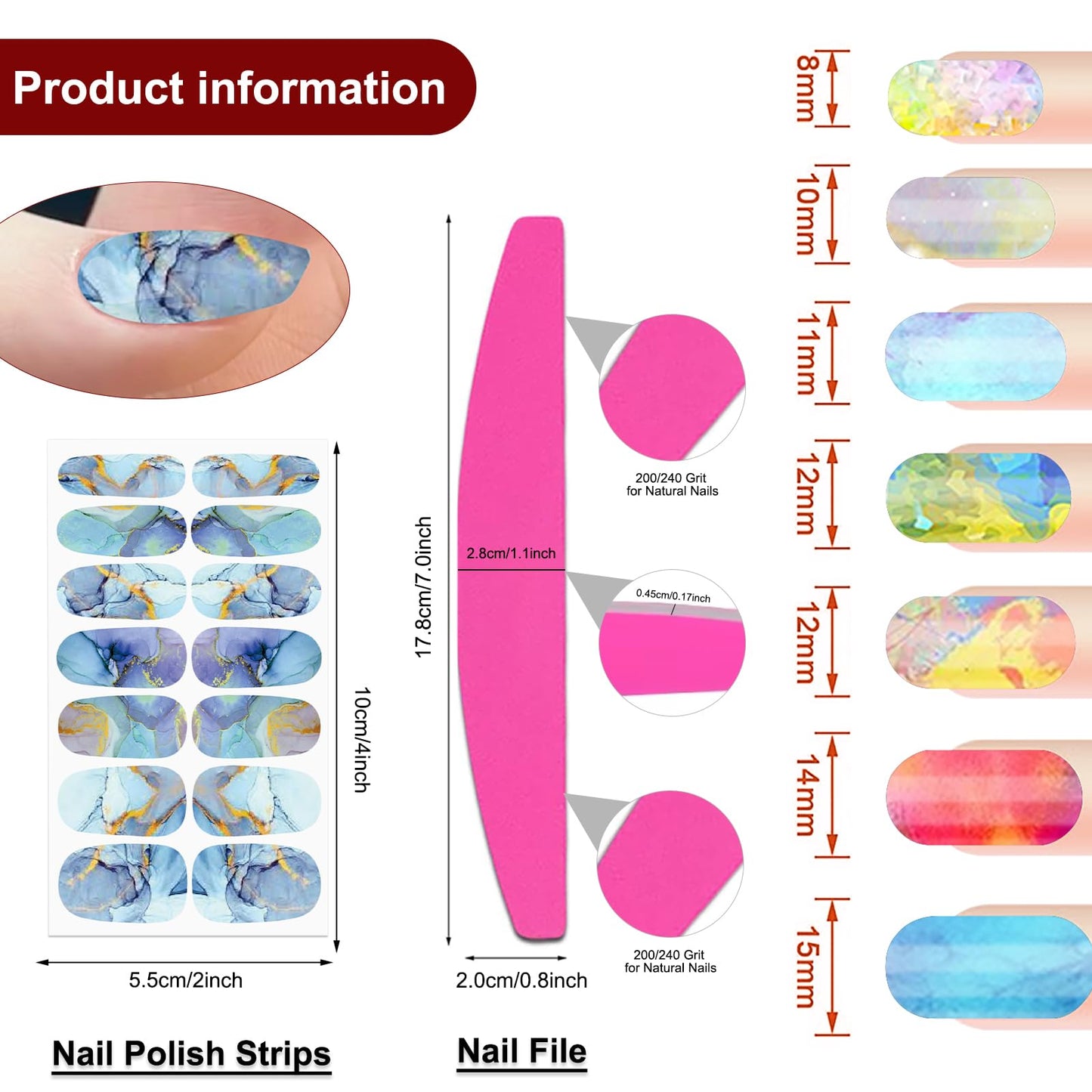 SILPECWEE Nail Polish Strips, 20 Sheets Rainbow Nail Polish Stickers Full Nail Wraps Self Adhesive Gel Nail Stickers Strips Fingernail Art Sticker Nails for Women with File