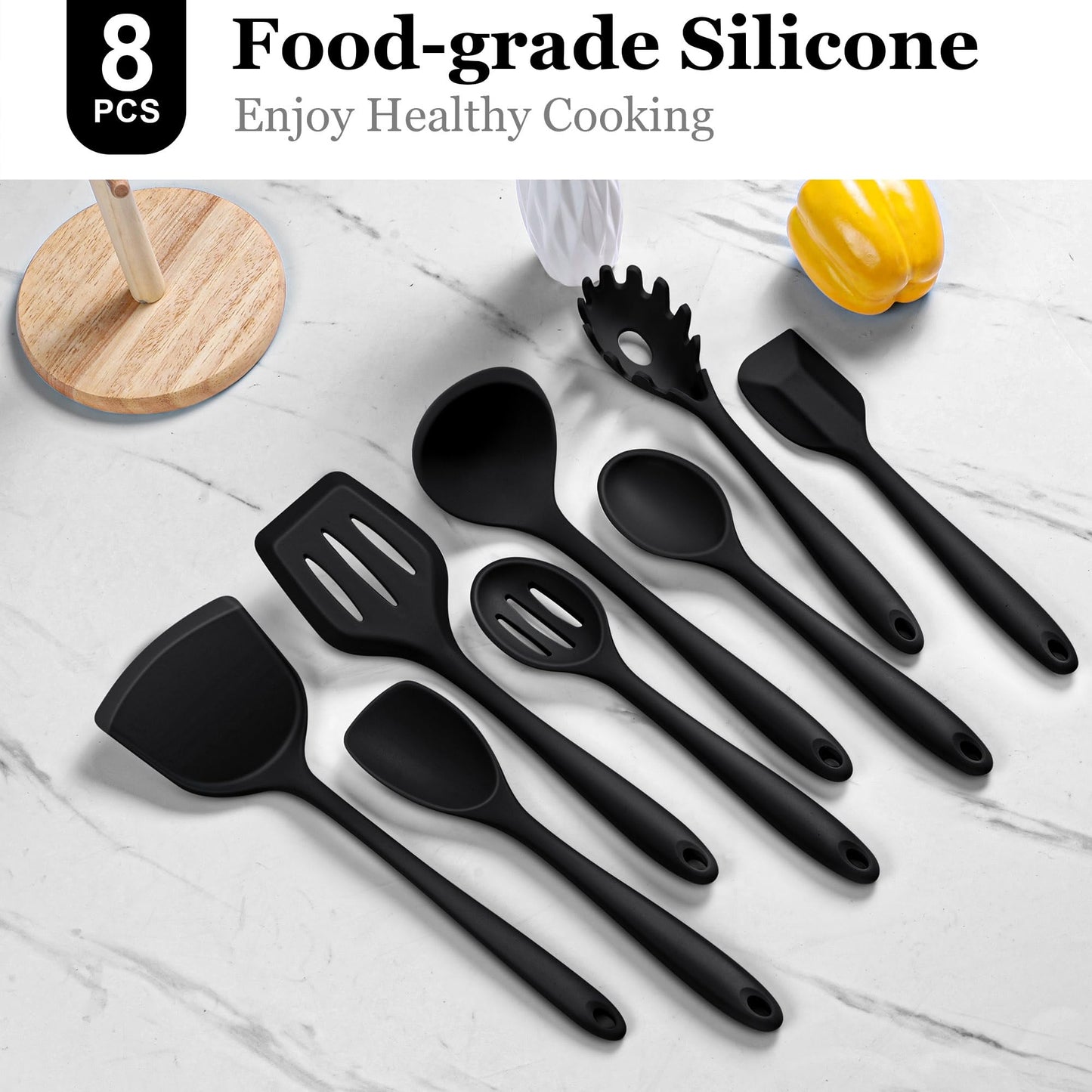LIANYU 8Pcs Cooking Utensils Set, Heat Resistant Kitchen Utensils, Silicone Utensils Spatula Set for Nonstick Cookware with Spatula, Ladle, Turner, Spoon, Dishwasher Safe, Black