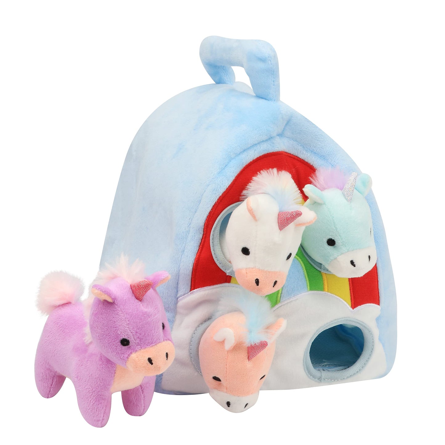 Hopearl Magic Unicorn House Interactive Plush Toy Set Fun Playhouse for Toddlers Early Learning Educational Gift for Kids Cute Pony Hide & Seek Game, 11''
