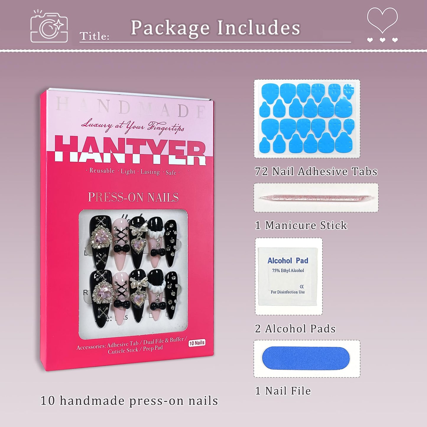 Hantyer Gothic Punk Press on Nails, Long Stiletto Matte Black & Pink Nails, Silver Gothic Charms, Pink Rhinestones & 3D Art, Salon Nails Reusable & Easy Apply for Parties & Night Events (Size M)