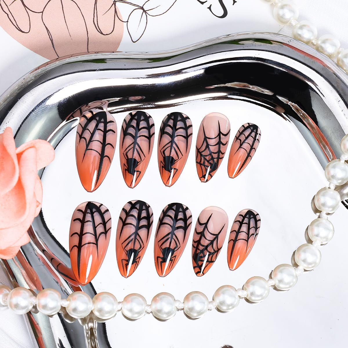 BMKKOT 24Pcs Halloween Spider Nails Set: Medium Almond ABS Press On Nails with Spider Design, Orange Glossy Full Cover False Nails for Women Manicure Decoration
