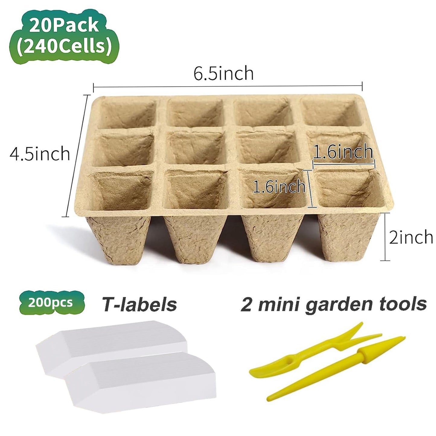 Doubleggs 240 Cells Seed Starter Tray, 20 Pack Biodegradable Peat Pots with 200 Labels, Plant Starter Kit for Seedlings