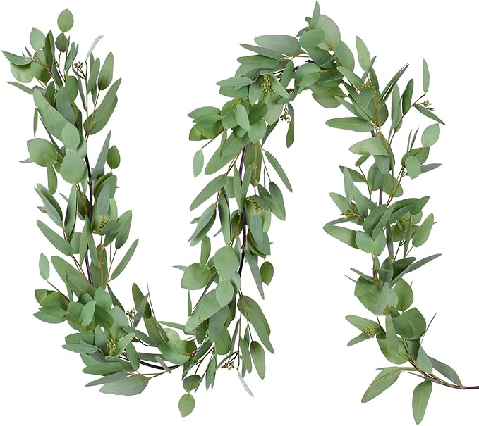 DearHouse 5.5ft Seeded Eucalyptus Garland, Artificial Vines Faux Eucalyptus Leaves Table Garland Artificial Greenery Wedding Backdrop Arch Wall Decor