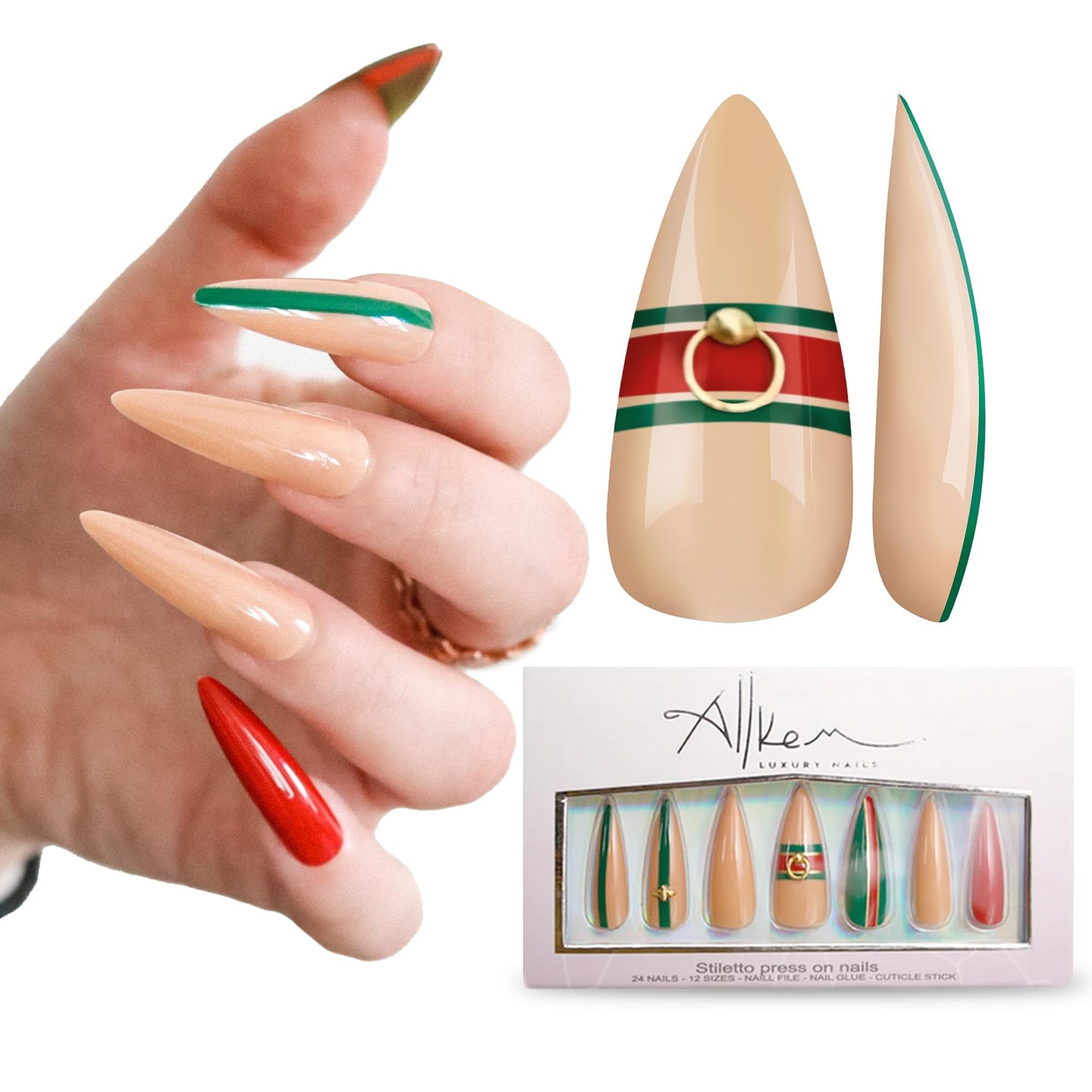 Allkem Bee Stripe Sculpted Stiletto Press on Nails | Glossy Extra Long Stiletto| 10 sizes - 20 pcs Nail kit with Glue