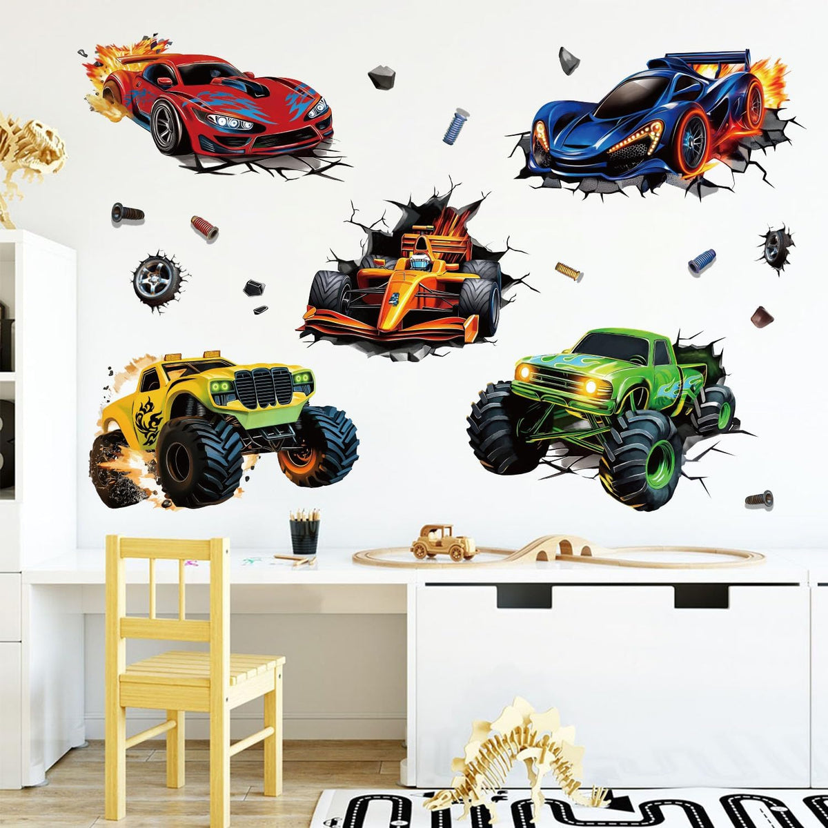 3D Racing Cars Wall Decals - Truck Bursting Through Wall, F1 Racing Cars Wall Stickers for Kids Room Boys Bedroom