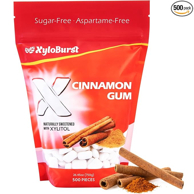 XyloBurst Gum | Xylitol Chewing Gum | Sugar Free, Gluten Free, Keto Friendly | Aspartame Free Gum | Cinnamon | 500-Count Bag