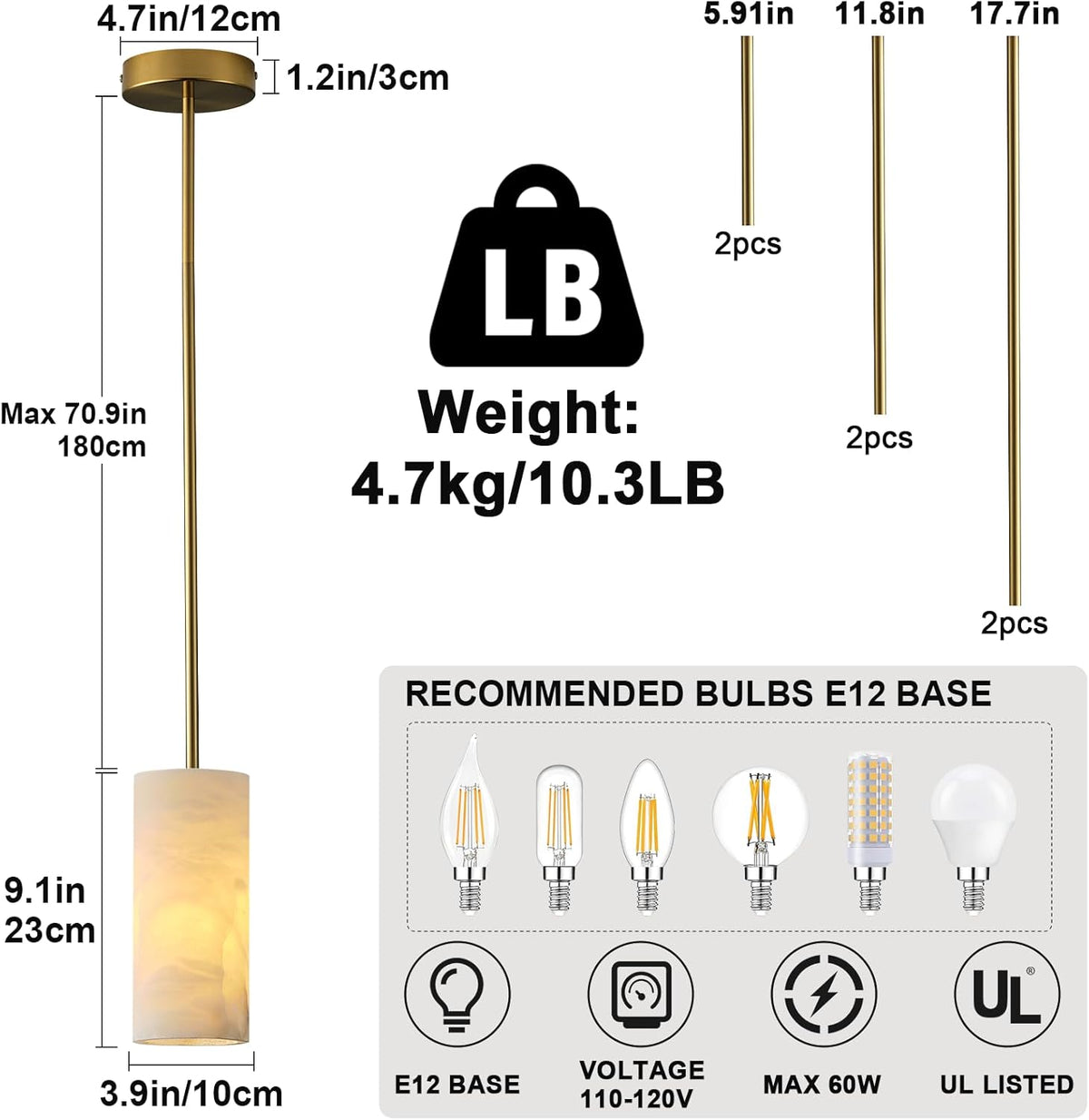 Alabaster Pendant Light Kitchen Island, H-9.5in Brass Pendant Light Fixtures with Natural Marble Shade, Adjustable Ceiling Pendant for Dining Room, Living Room, Bedroom & Bathroom