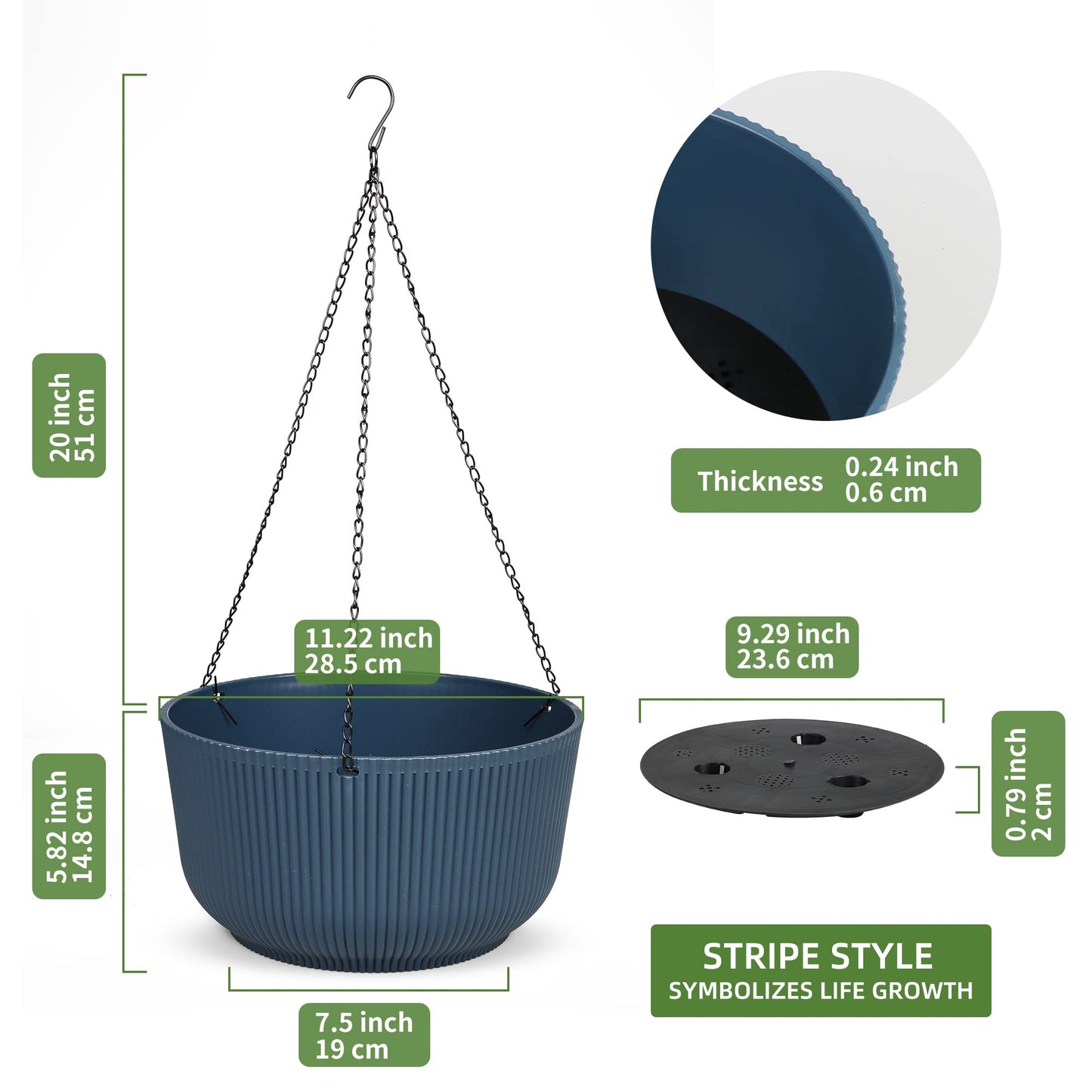 Dexceder 11.2 Inch Self Watering Hanging Planters Indoor Outdoor, Thickened Hanging Basket Flower Plant Pot (2 Pack, Deep Blue)