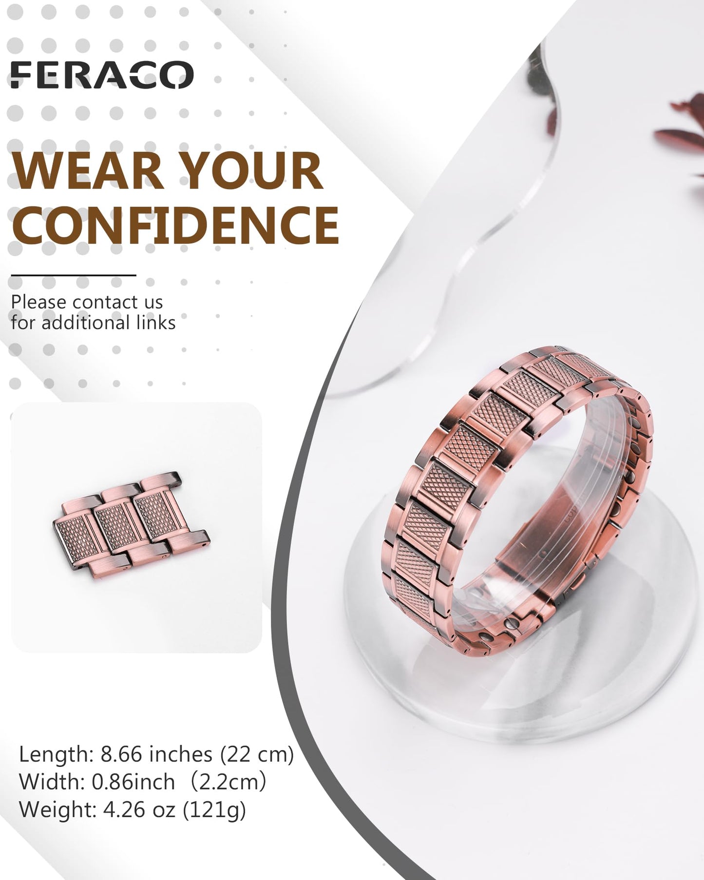 Feraco Copper Bracelet for Men, 3X Strength Magnetic Therapy Bracelet Copper Jewelry with Powerful 3800 Gauss Magnets