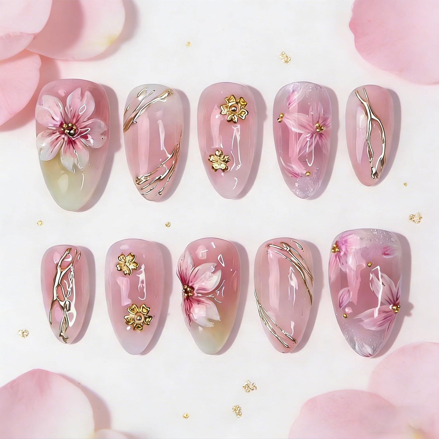 30Pcs Pink Flower Press on Nails Almond Medium Cherry Blossoms Fake Nails with 3D Flowers Gold Beads Design Cute Glue on Nails Spring Acrylic Nails Full Cover Peach Blossoms False Nails for Women