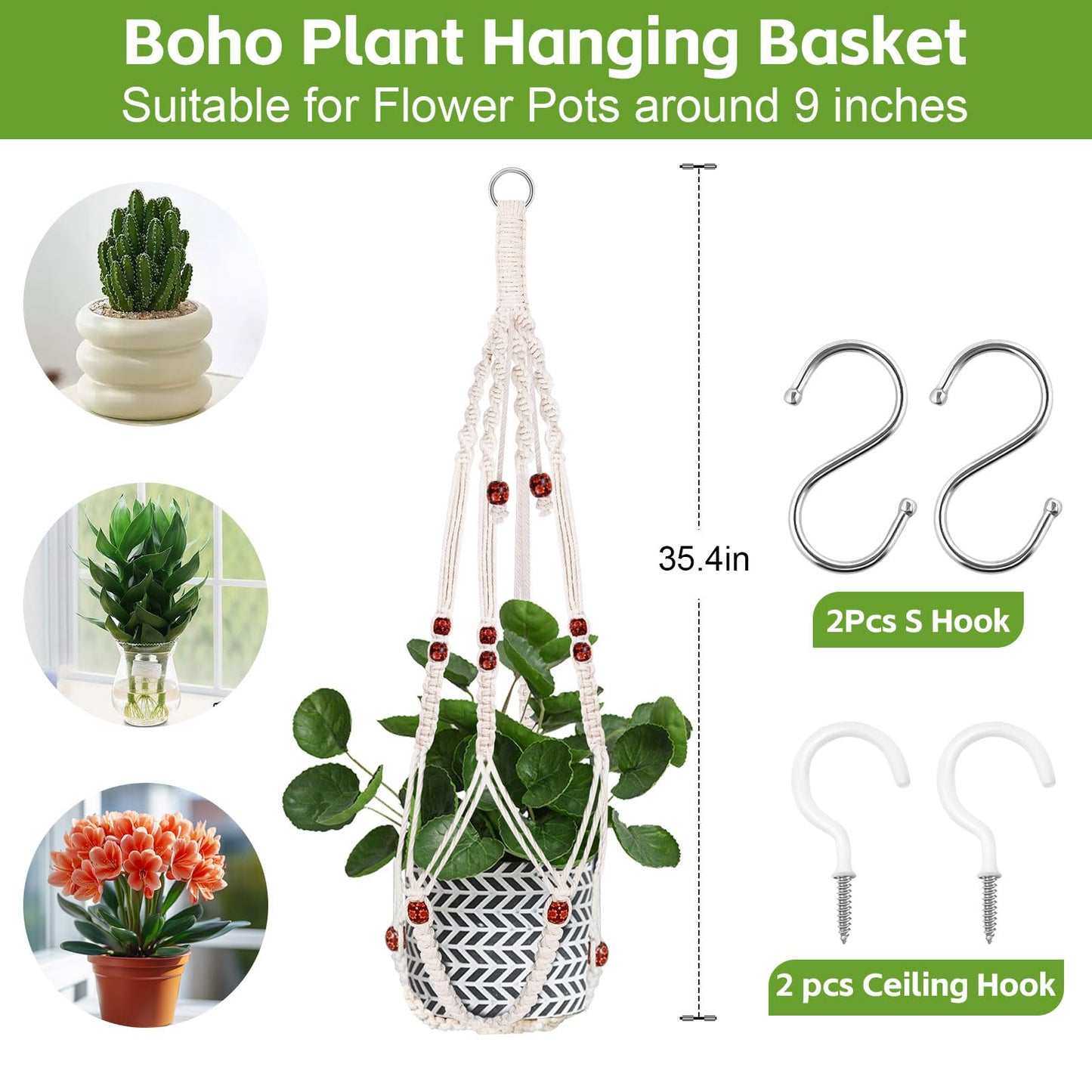 SDICSN Macrame Plant Hanger Hanging Plant Holder Boho Home Decor for Indoor and Outdoor Flower Pots Holder with Wood Beads Decorative （2pcs）
