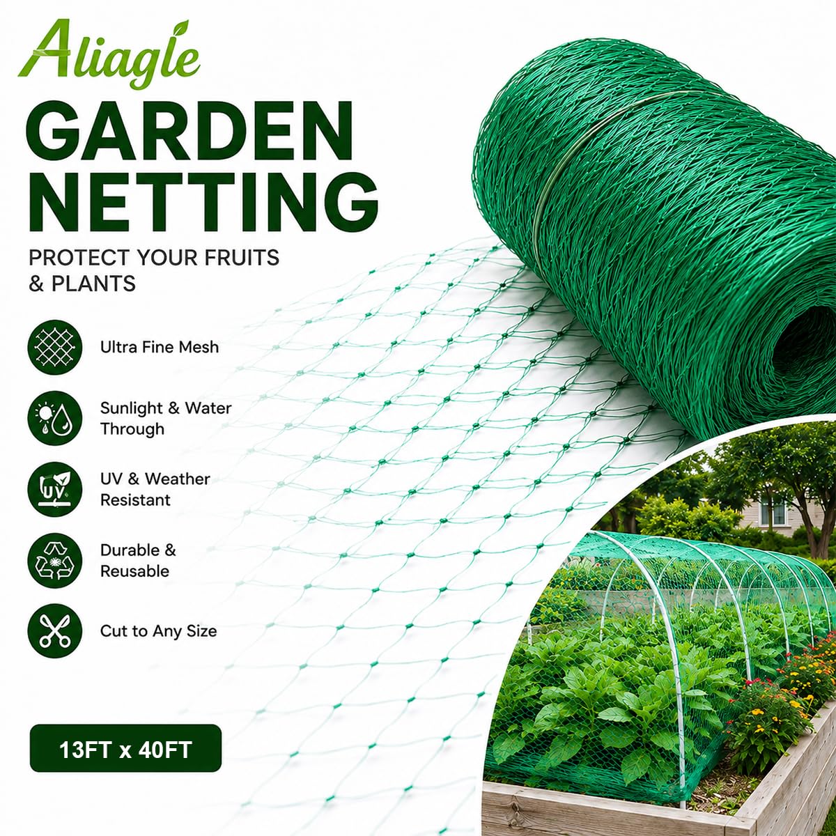 Bird Netting for Garden Protect Vegetable Plants and Fruit Trees, Garden Net Doesn't Tangle and Reusable Fencing Protect Fruit Vegetables from Birds,Deer,Squirrels and Other Animals (13x40ft)