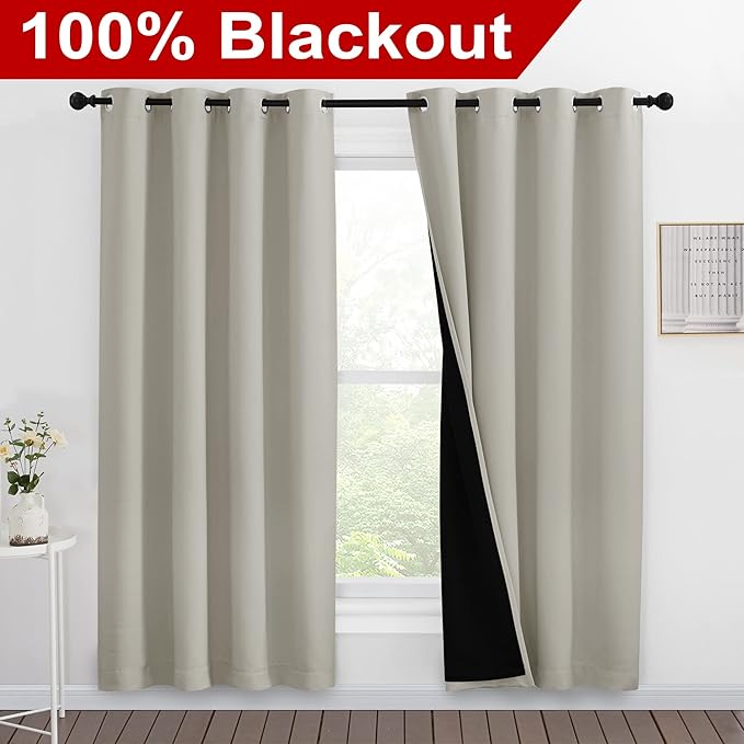 NICETOWN 100% Blackout Window Curtain Panels, Full Light Blocking Drapes with Black Liner for Nursery, 78-inch Drop Thermal Insulated Draperies (Natural, 2 Pieces, 55-inch Wide Per Panel)