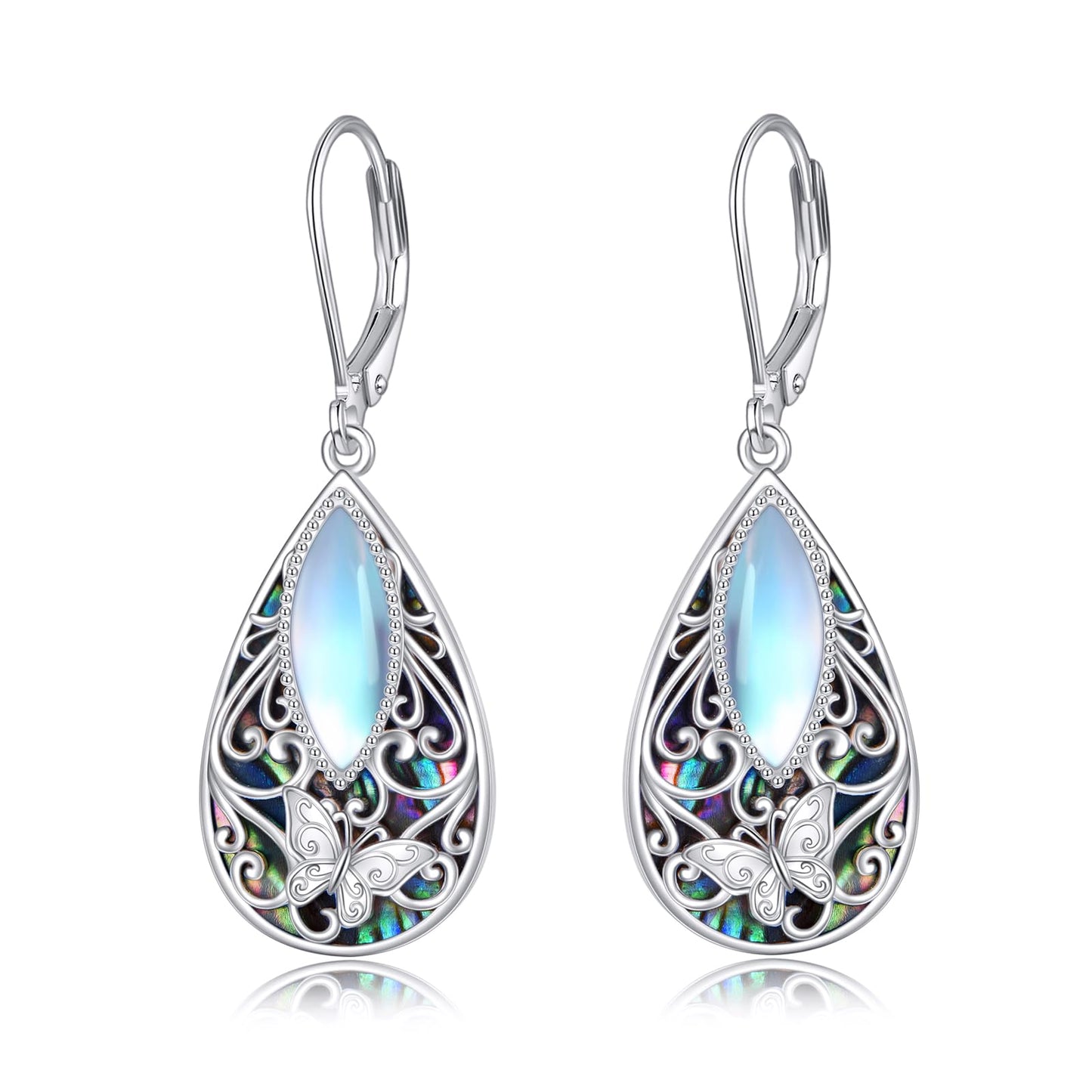Butterfly Filigree Earrings Sterling Silver Teardrop Abalone Shell Drop Dangle Filigree Leverback Earrings Jewelry Gifts for Women