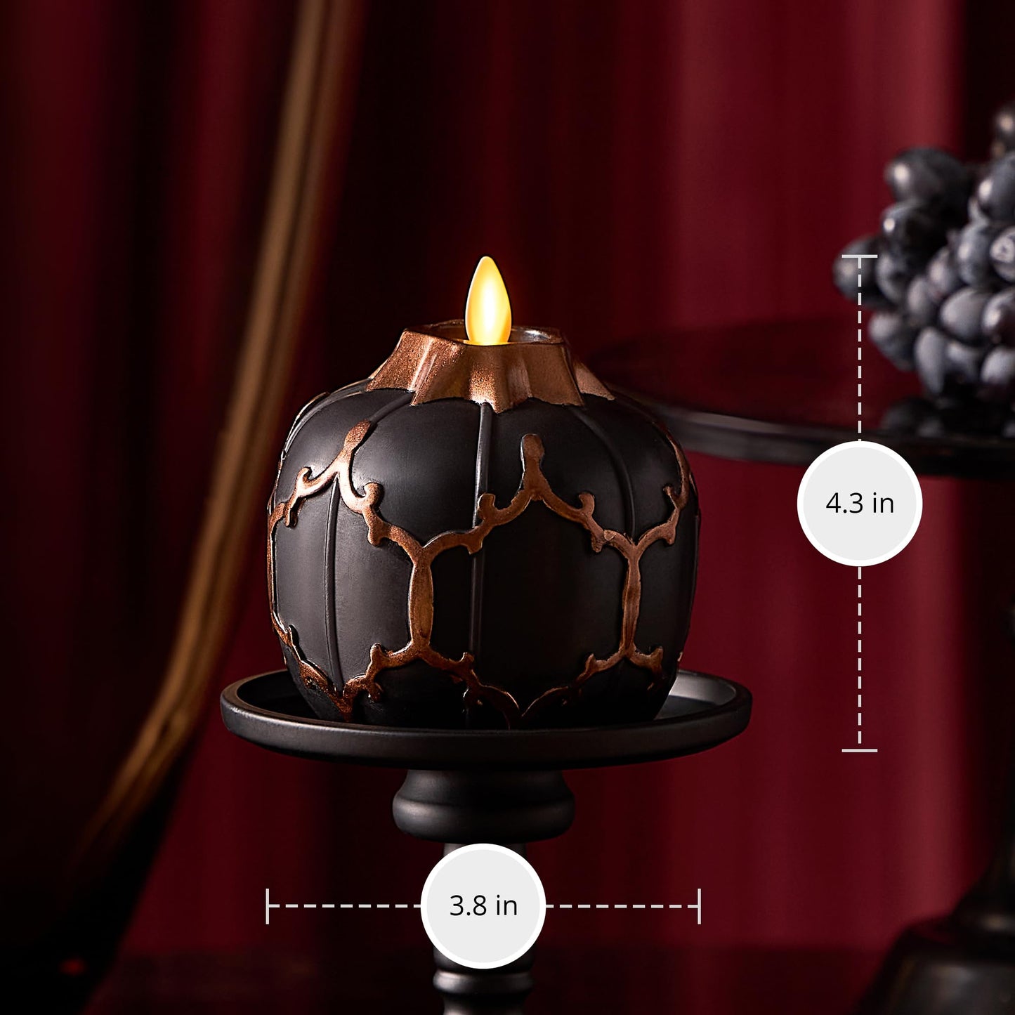 Luminara Black Embossed Fretwork Pumpkin Candle, 3.8" x 4.3" Flickering Flameless LED Light, AA Batteries (Sold Separately) w/Timer, Real Wax Indoor Fall Halloween Decor Table Mantel Decoration