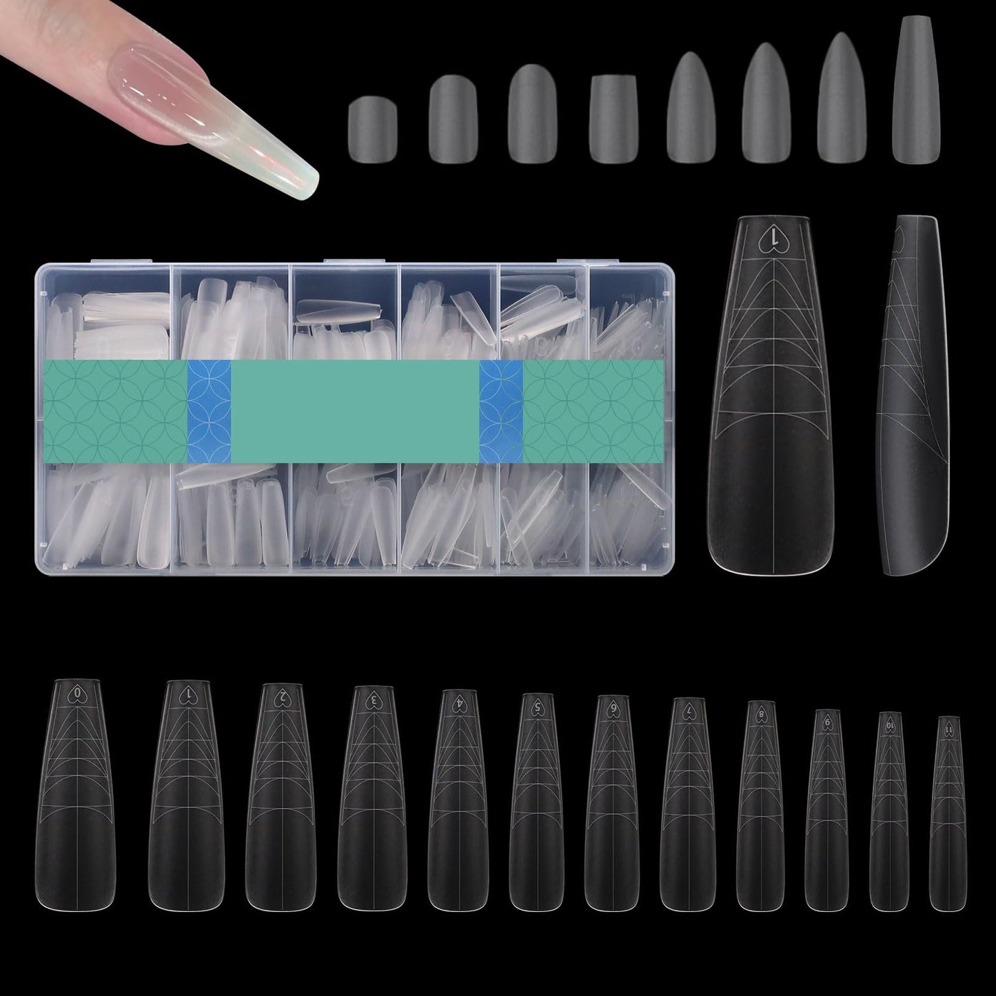 Realand 600 Pack Long Coffin Nail Tips with Guiding Line, 8 Shapes with 12 Sizes, Clear False Acrylic Nail Tips Ballerina Matte Extensions Full Cover with Case for Salon and DIY