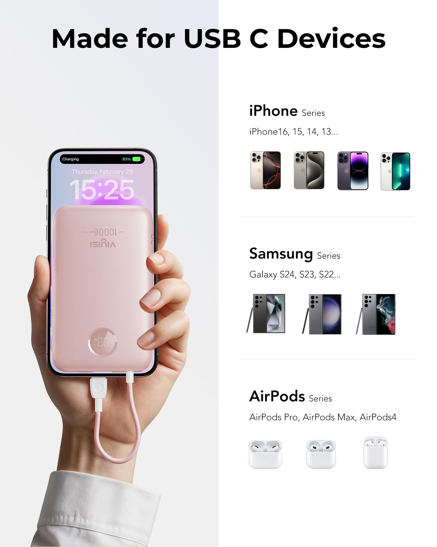 VIYISI Slim Portable Charger Power Bank 10000mAh, PD 20W Fast Charging Compact Battery Pack with Built-in USB C Cable, Travel Essential Compatible with iPhone 17 16 15, Samsung, Android - Pink