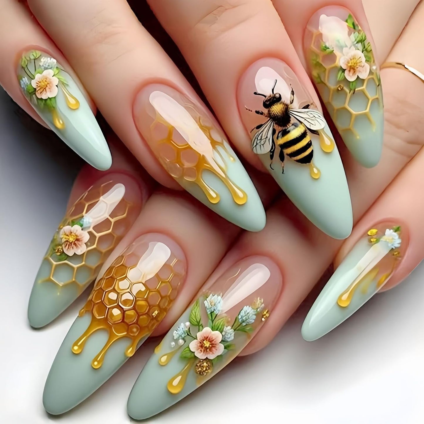 Long Almond Press on Nails Yellow Bees Honeycomb Honey Fake Nails Flower Glossy Stick on Nails Artificial Acrylic False Nails for Women Nail Art 24Pcs