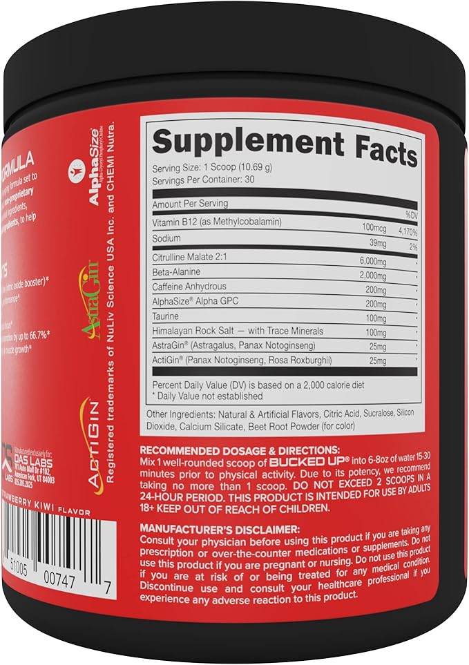 Bucked Up Pre Workout - Best Tasting - 6 Grams Citrulline, 2 Grams Beta Alanine Non Proprietary Blend, Powder (Strawberry Kiwi)
