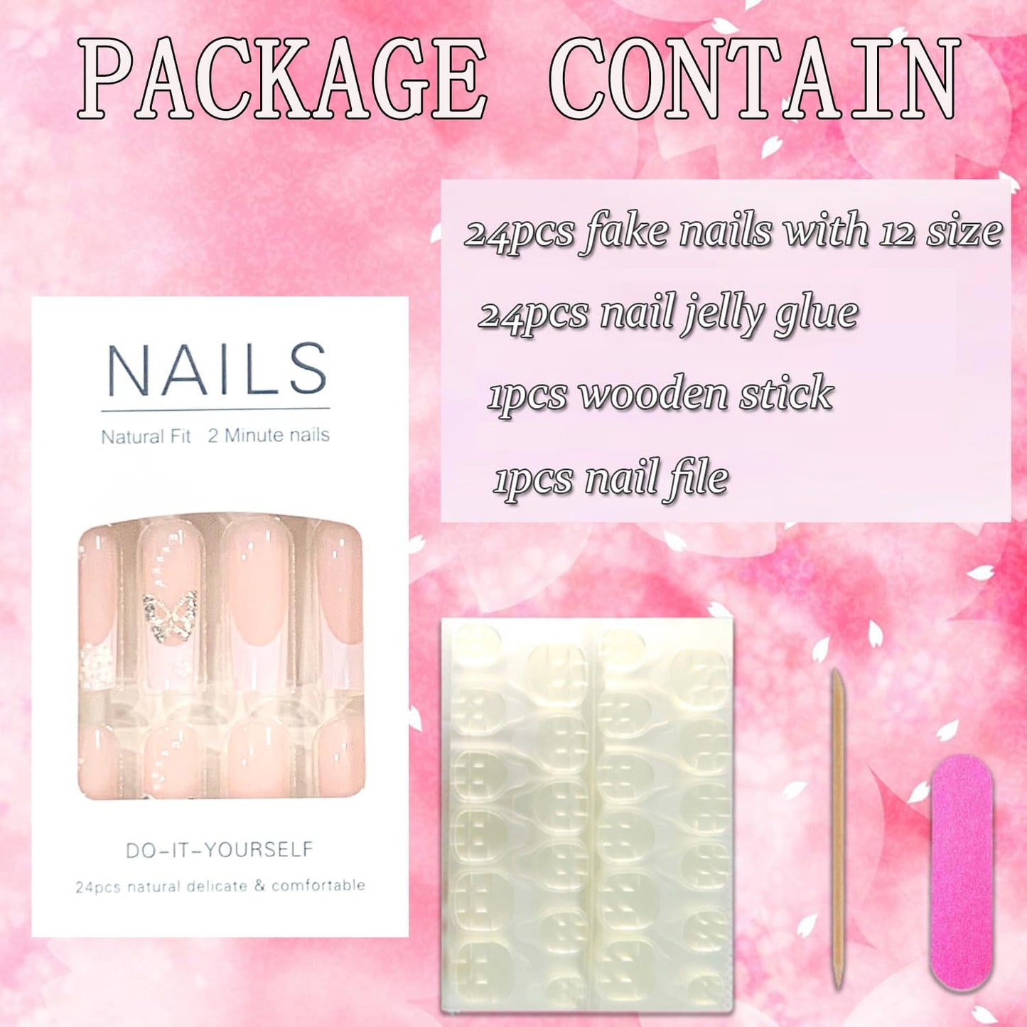 FIEONCIY Press on Nails Long Coffin Shaped Acrylic Glossy Full Cover Long Square French False Nails with Designs Artificial Extra Long Fake Nails with Charms Glue ons Fingernails for Women(DZ1618)
