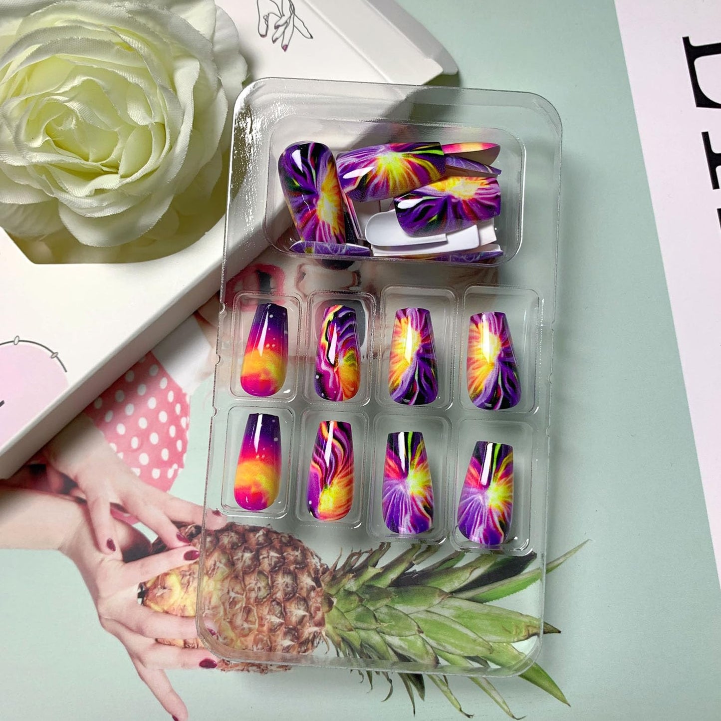 Short Coffin Press on Nails Colorful Fake Nails Firework Acrylic Nails Glossy Full Cover Nails Press ons Purple & Blue Reusable Stick on Nails for Women 24 Pcs