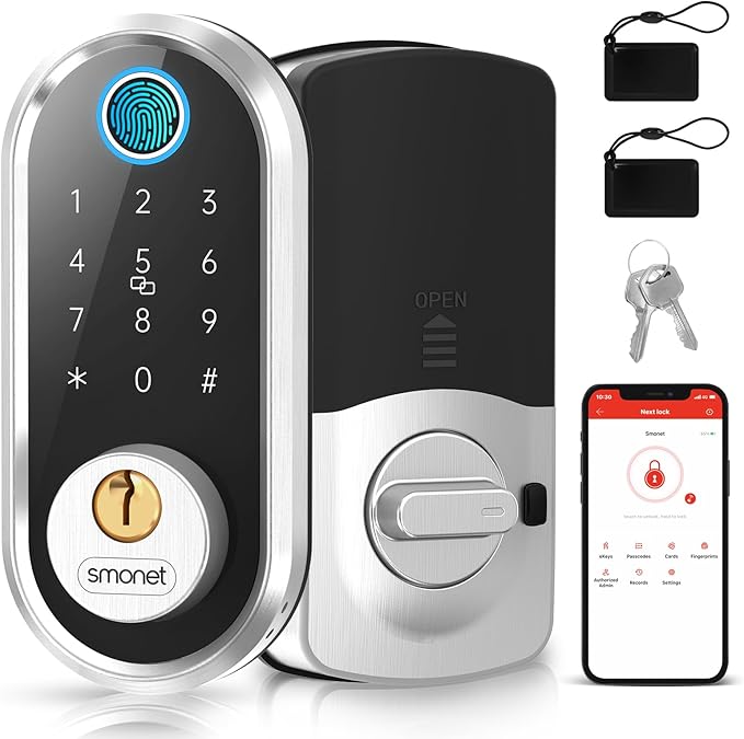 Smart Door Lock Keyless Deadbolt: SMONET Smart Locks for Front Door Fingerprint Keyless Entry Electronic Digital Bluetooth Key Fob Code APP Touch keypads Compatible with Alexa