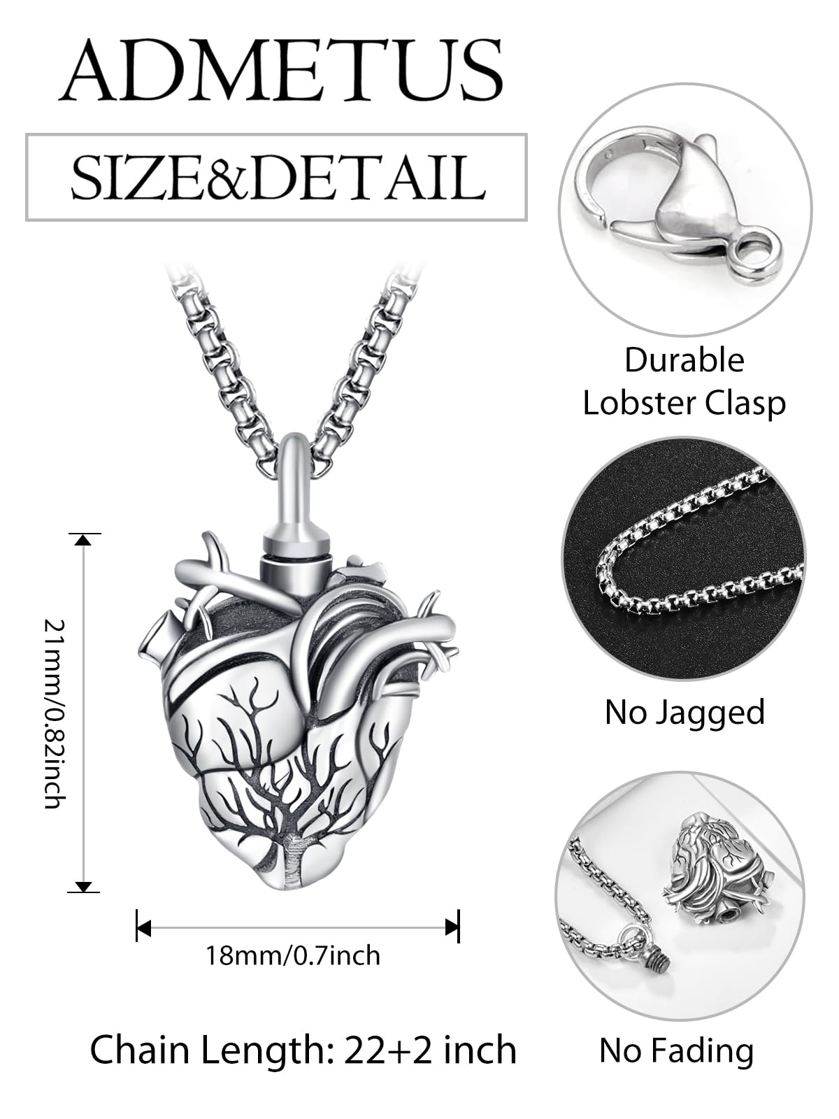 Personalized Tree of Life Urn Necklace for Ashes for Men Sterling Silver Cremation Jewelry for Ashes Engraved Anatomical Heart Urn Keepsake Pendant Memorial Gifts