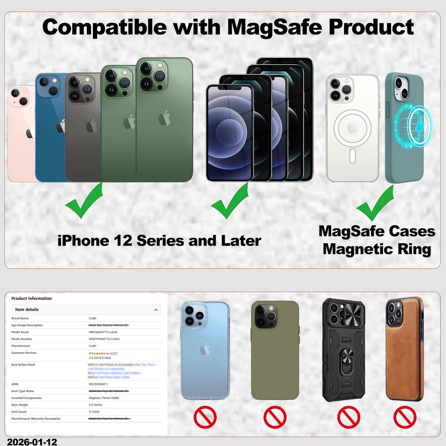 iLodn Magnetic Wallet Compatible with MagSafe for iPhone 17 16 15 14 13 12 Pro Max Air Plus Model, Mag 3 Safe Card Holder Stick on Accessories for Cell Phone & Case, Jet