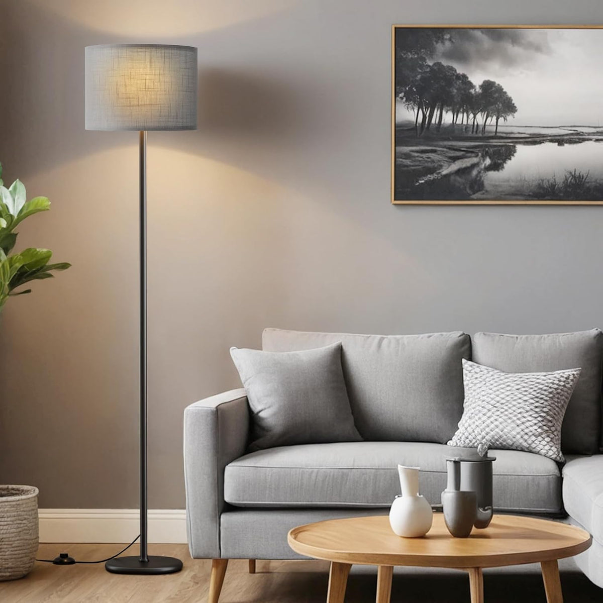 Ambimall 60'' Modern Floor Lamp with Shade, Tall Lamps for Living Room, Bedroom, Office, Dining Room, Linen Grey Shade with Black Pole(Without Bulb)